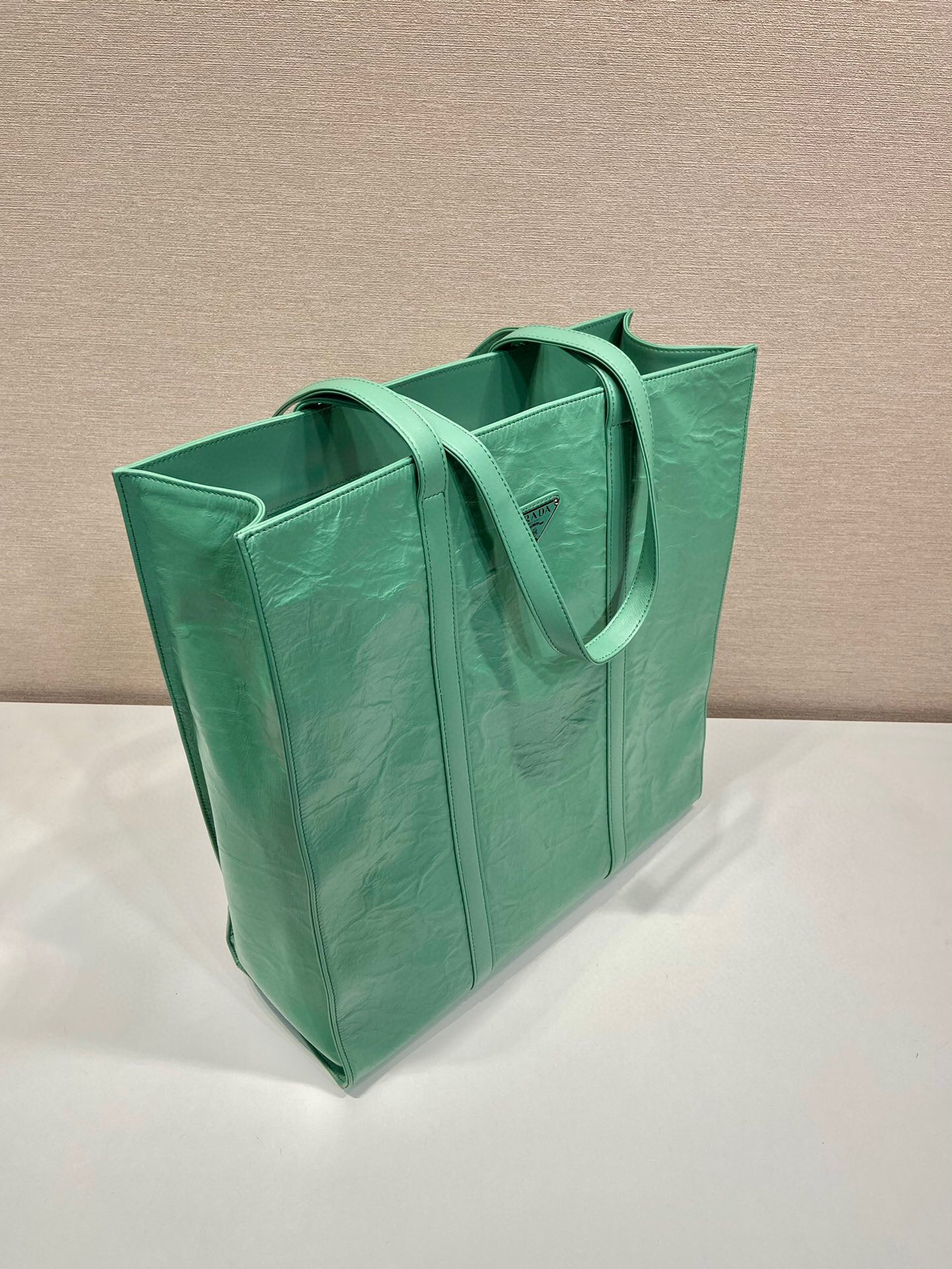 Prada Medium Antiqued Nappa Tote Bag In Yellow/Green For Women 15.3 in/ 39cm