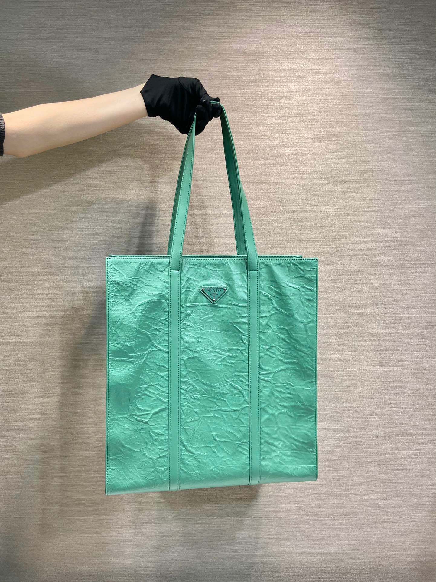 Prada Medium Antiqued Nappa Tote Bag In Yellow/Green For Women 15.3 in/ 39cm