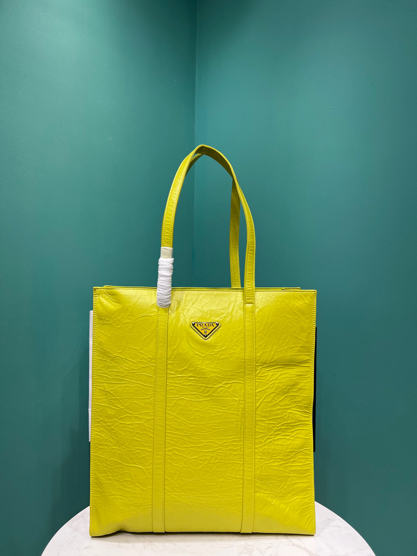 Prada Medium Antiqued Nappa Tote Bag In Yellow/Green For Women 15.3 in/ 39cm