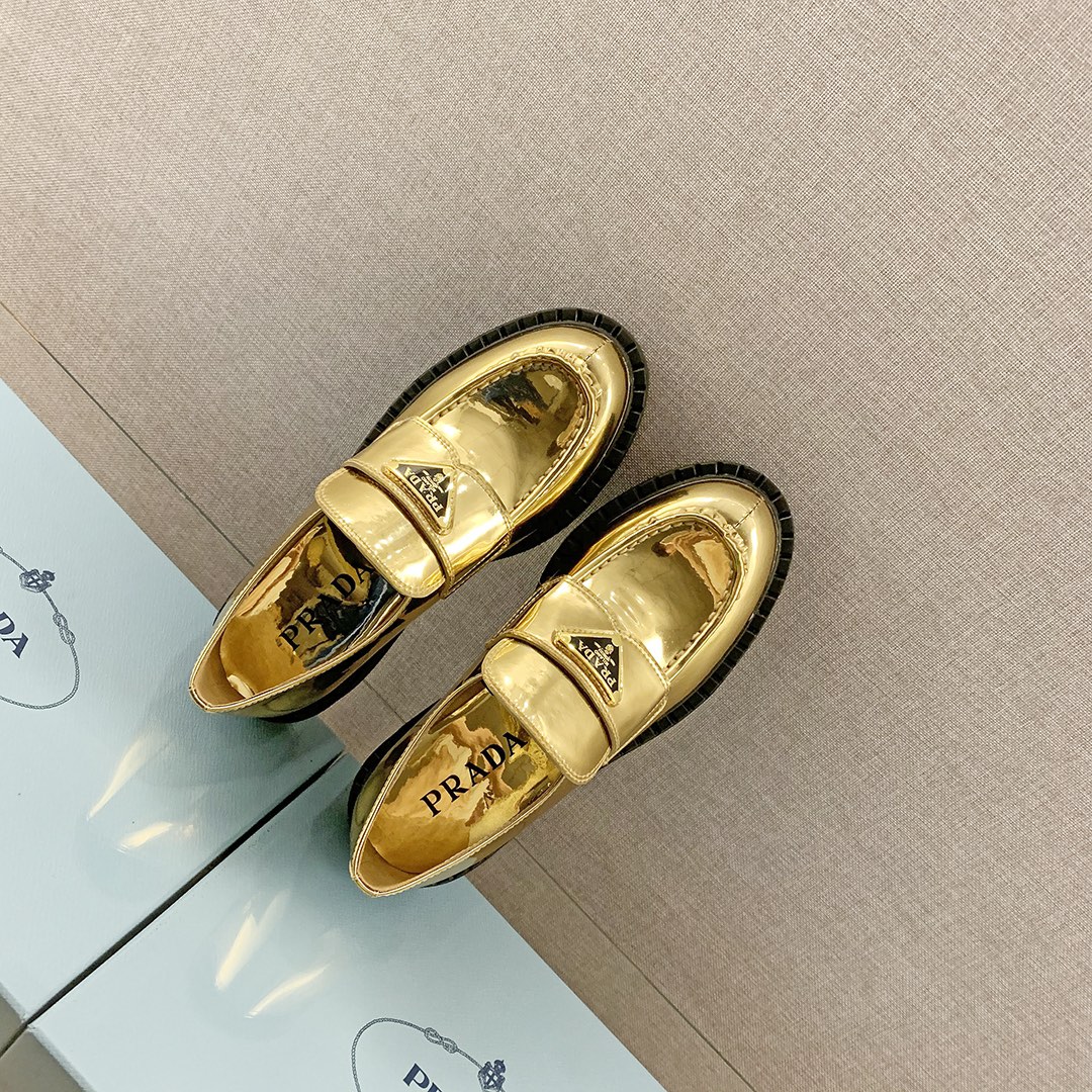 Prada Metallic Loafers Gold Tone For Women 1.9 in/ 5cm 1D246M_3AU1_F0522_F_B050