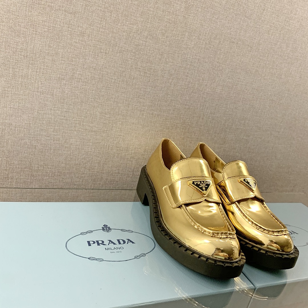 Prada Metallic Loafers Gold Tone For Women 1.9 in/ 5cm 1D246M_3AU1_F0522_F_B050