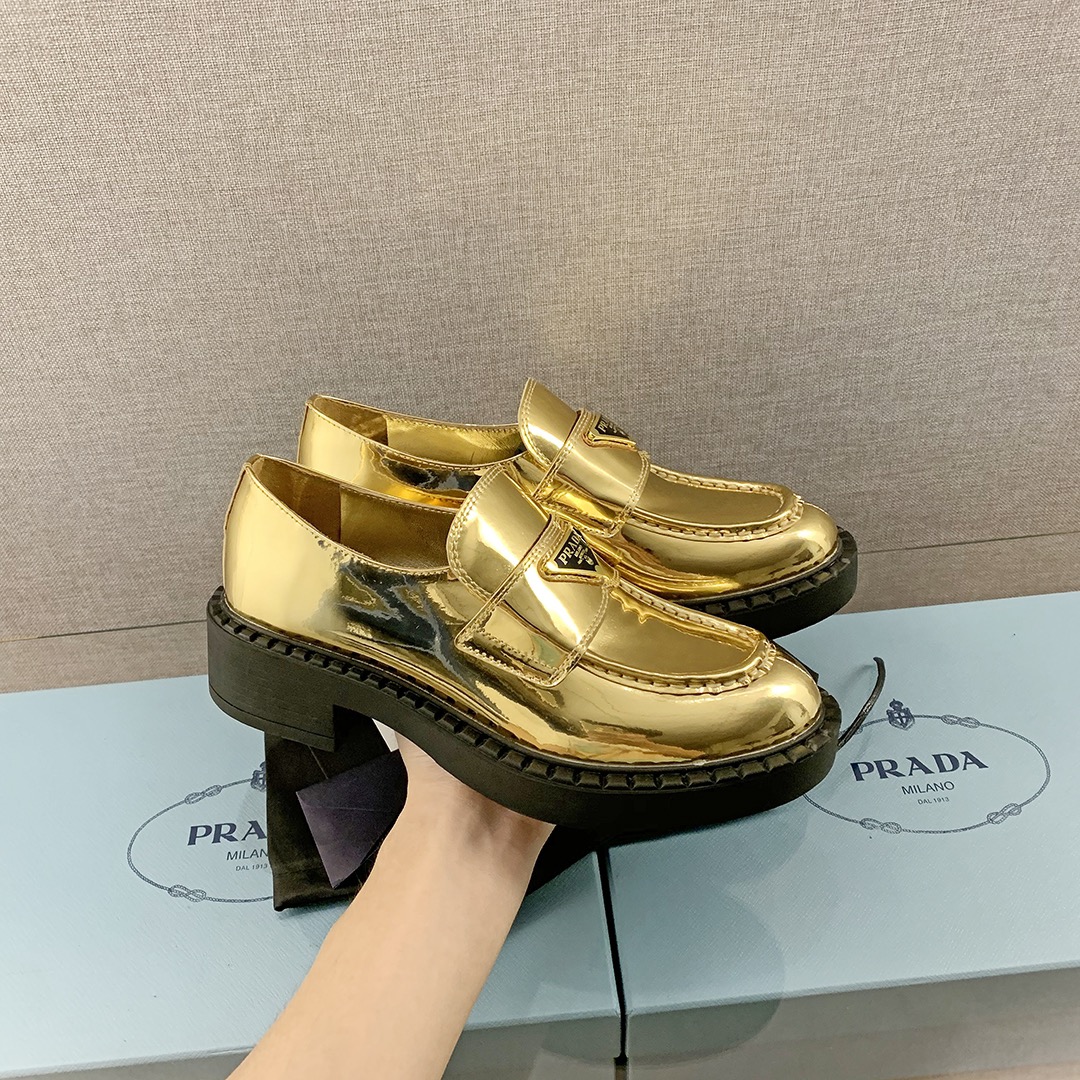 Prada Metallic Loafers Gold Tone For Women 1.9 in/ 5cm 1D246M_3AU1_F0522_F_B050