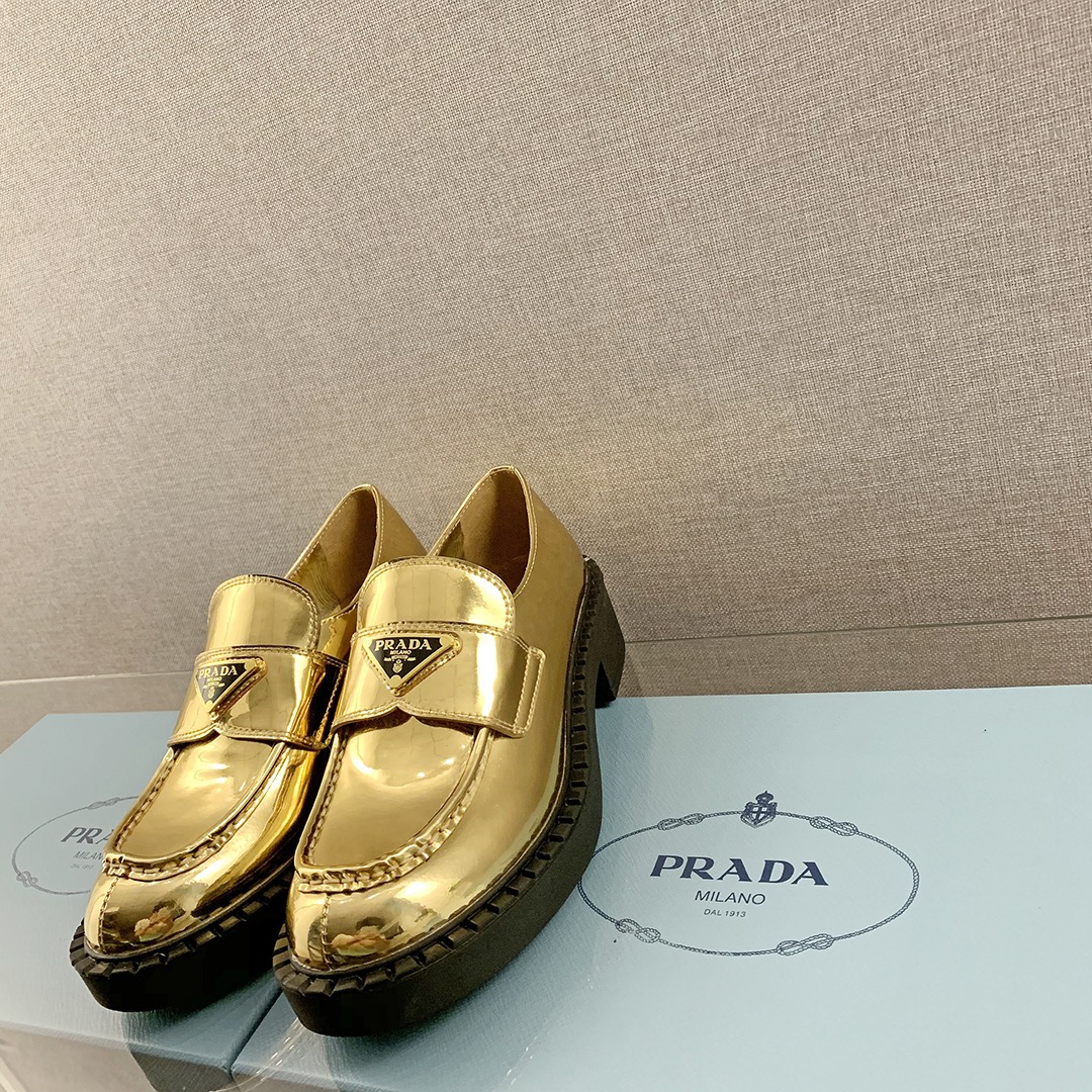 Prada Metallic Loafers Gold Tone For Women 1.9 in/ 5cm 1D246M_3AU1_F0522_F_B050