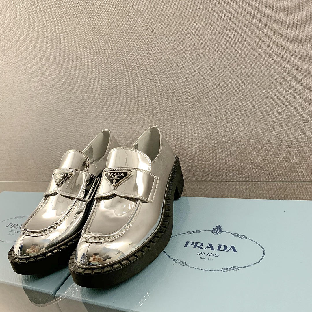 Prada Metallic Loafers Sliver Tone For Women 1.9 in/ 5cm 1D246M_3AU1_F0118_F_B050
