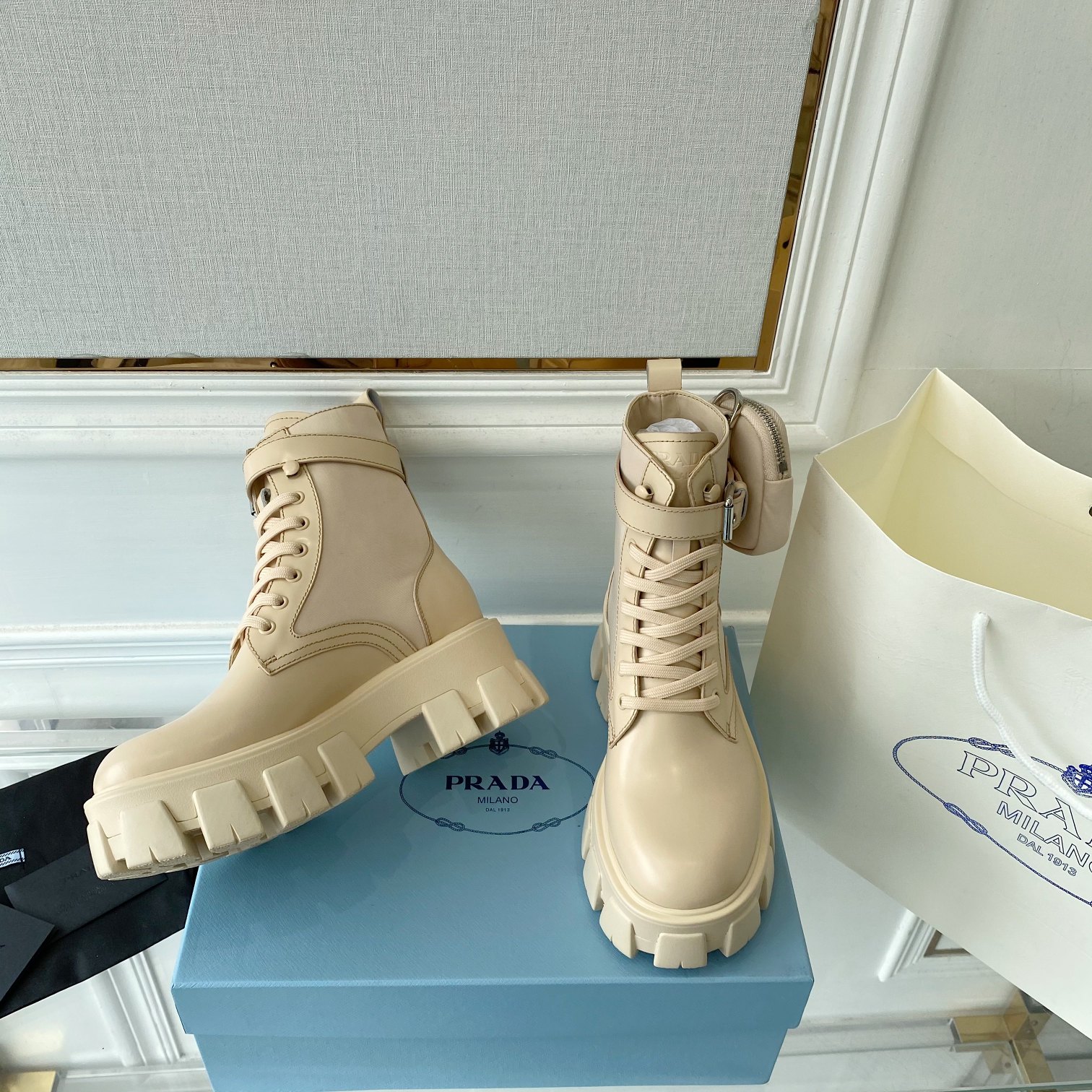 Prada Monolith And Nylon Fabric Boots Beige For Women 2.2in/55mm PRD 1T255M_3LJS_F0F24_F_B055