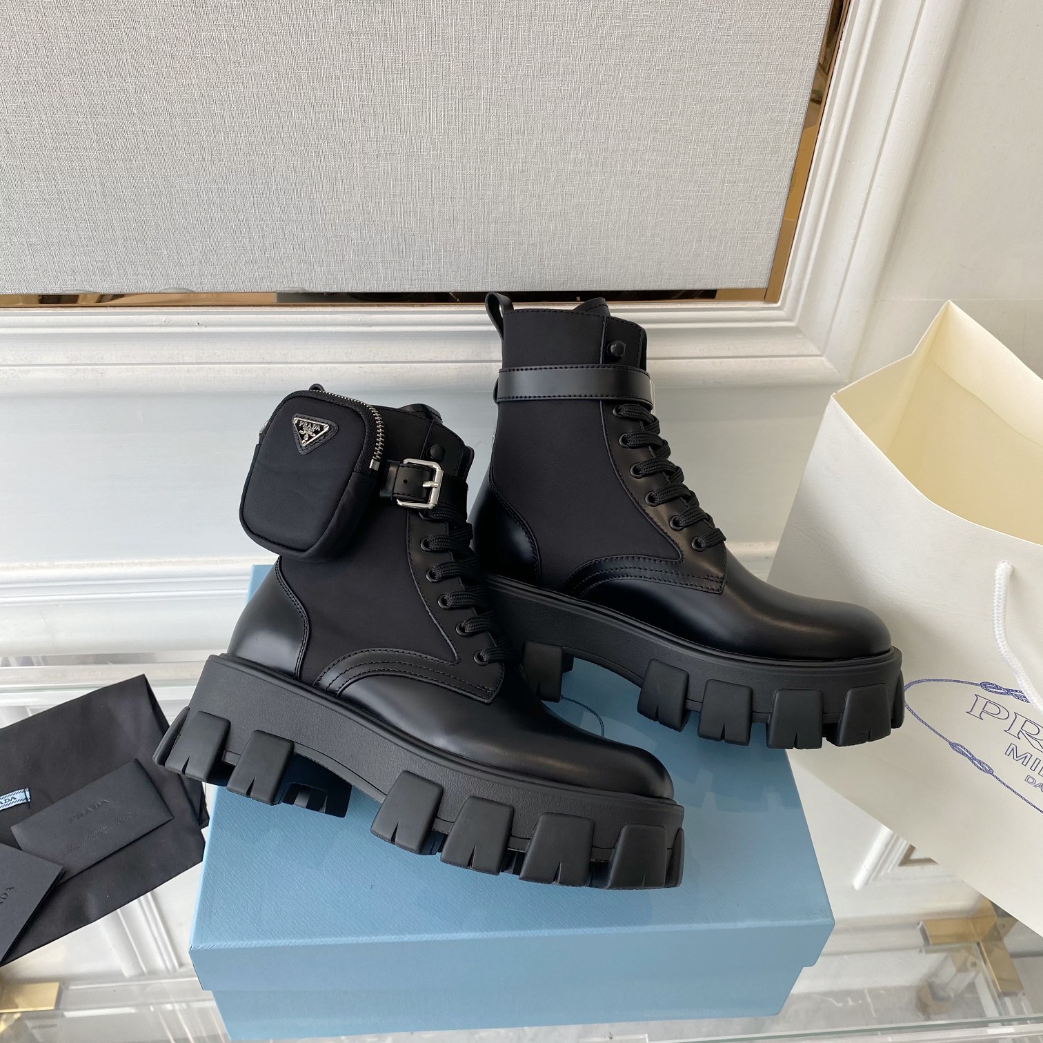 Prada Monolith And Nylon Fabric Boots Black For Women 2.2in/55mm PRD 1T255M_3LJS_F0002_F_B055