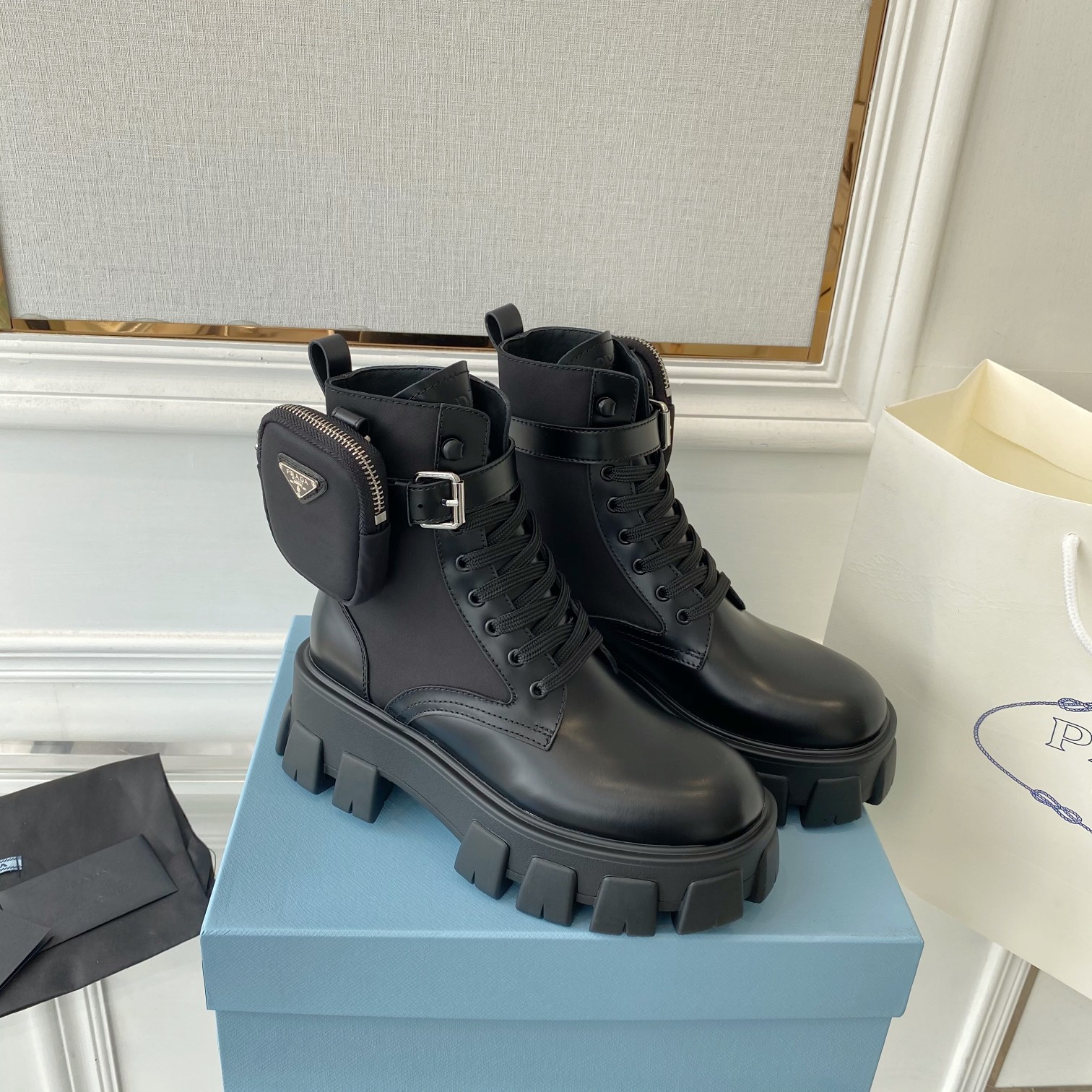 Prada Monolith And Nylon Fabric Boots Black For Women 2.2in/55mm PRD 1T255M_3LJS_F0002_F_B055
