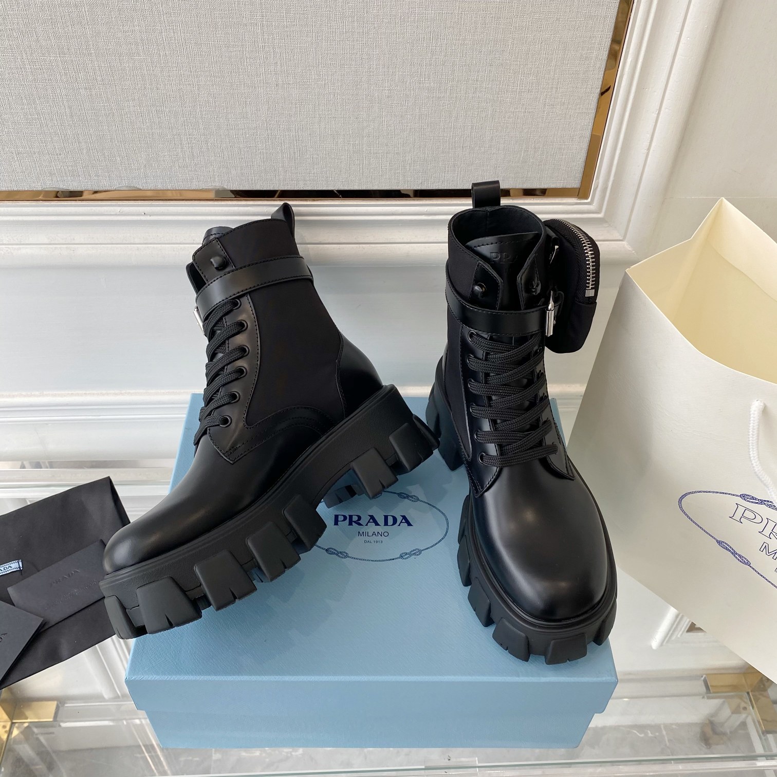 Prada Monolith And Nylon Fabric Boots Black For Women 2.2in/55mm PRD 1T255M_3LJS_F0002_F_B055