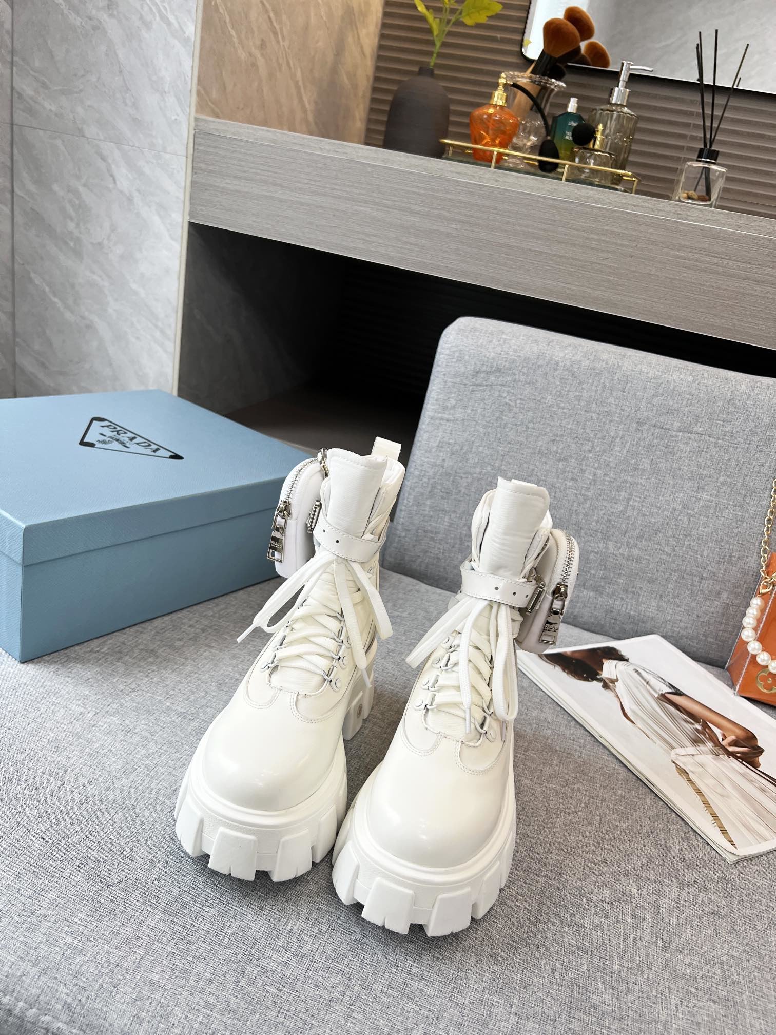 Prada Monolith And Nylon Fabric Boots White For Women PRD  1T255M_3LJS_F0009_F_B055