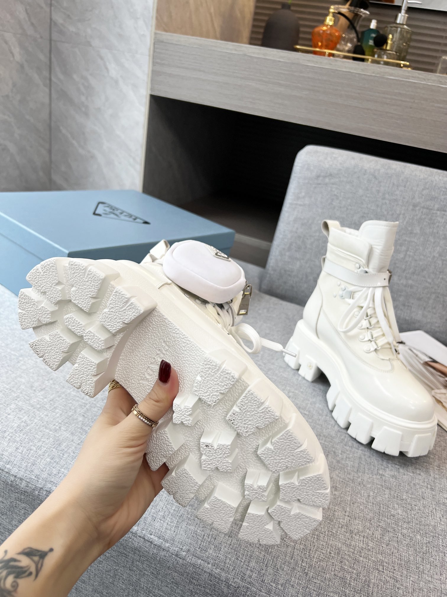 Prada Monolith And Nylon Fabric Boots White For Women PRD  1T255M_3LJS_F0009_F_B055