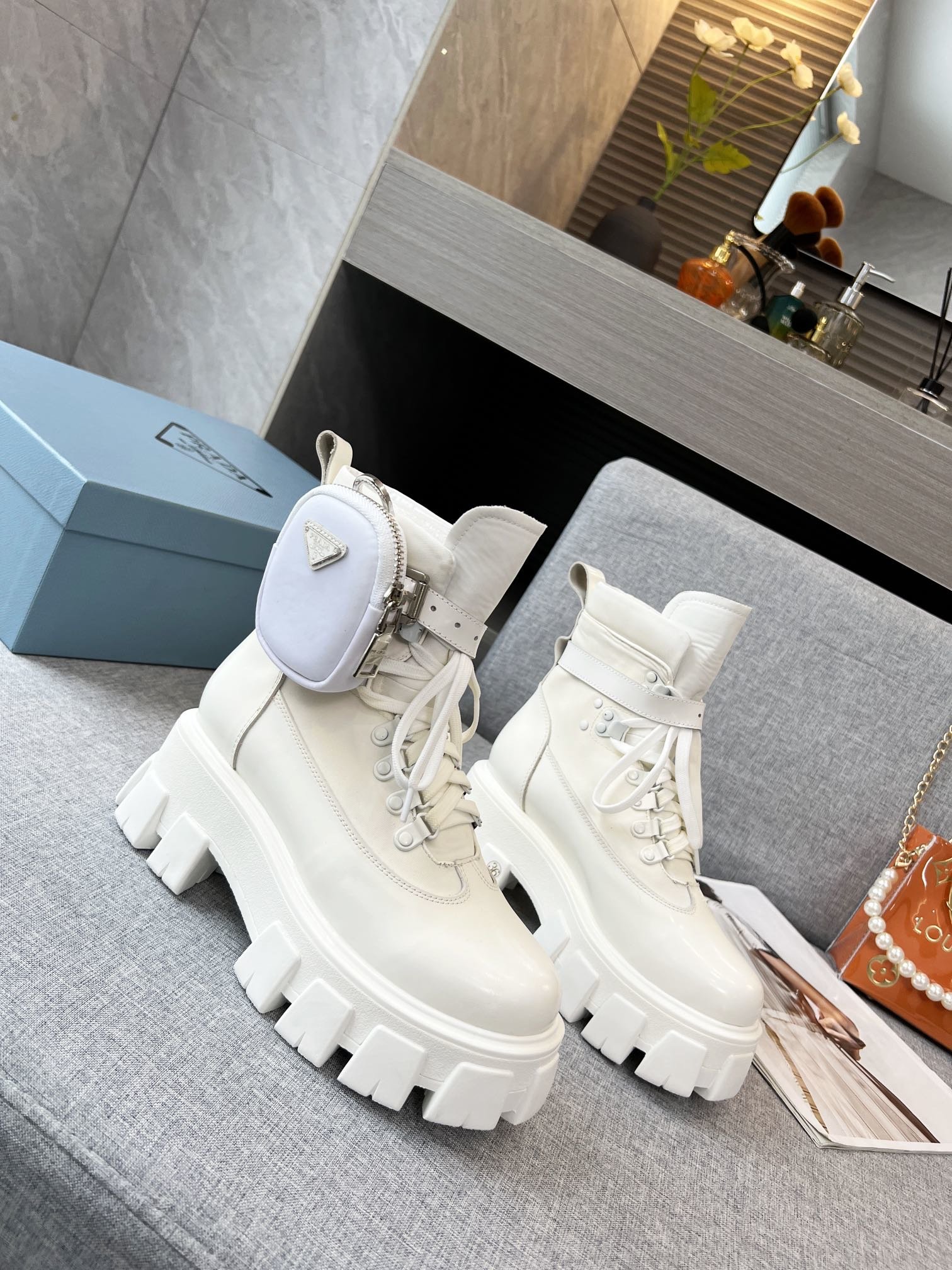 Prada Monolith And Nylon Fabric Boots White For Women PRD  1T255M_3LJS_F0009_F_B055
