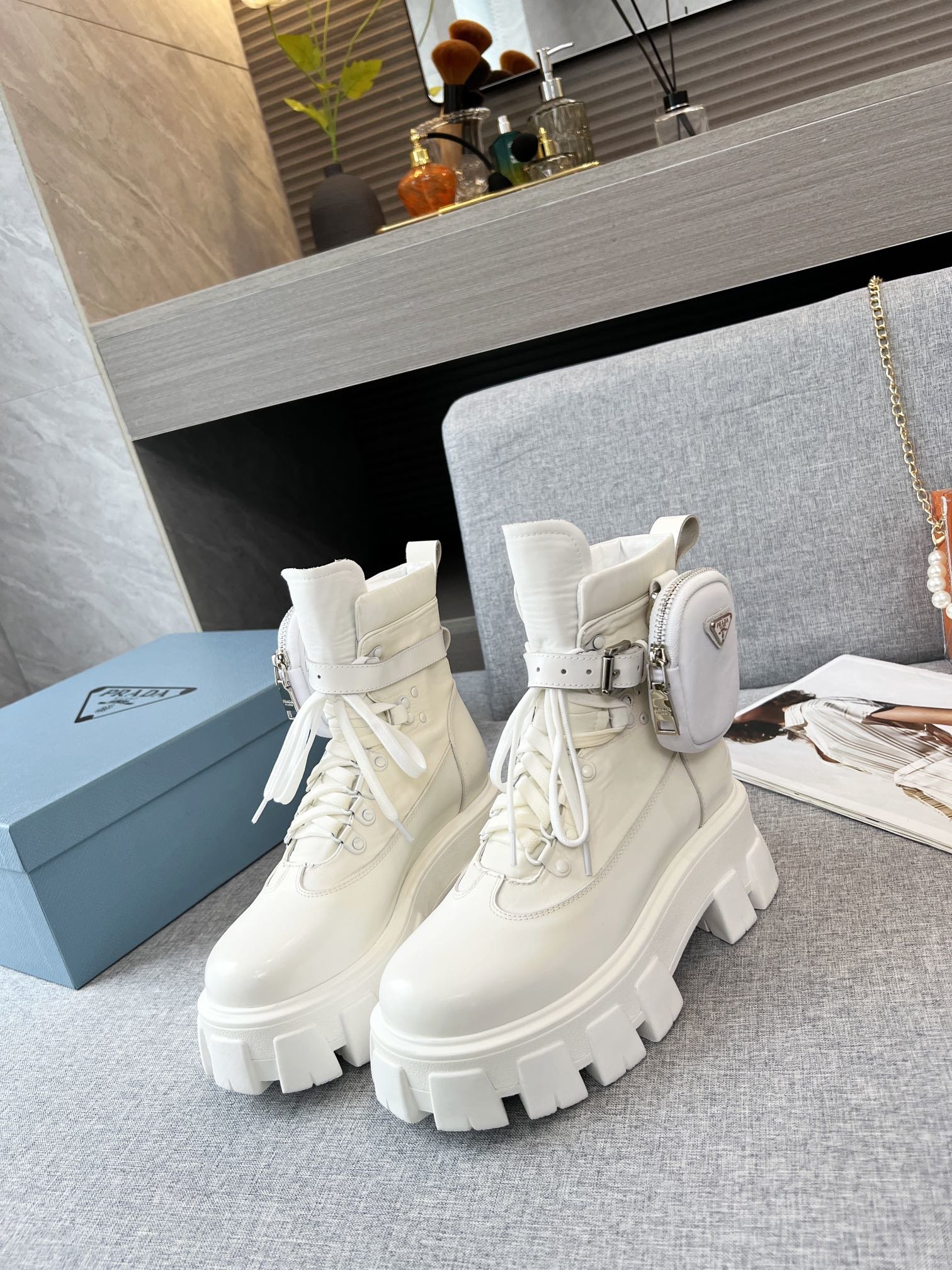 Prada Monolith And Nylon Fabric Boots White For Women PRD  1T255M_3LJS_F0009_F_B055