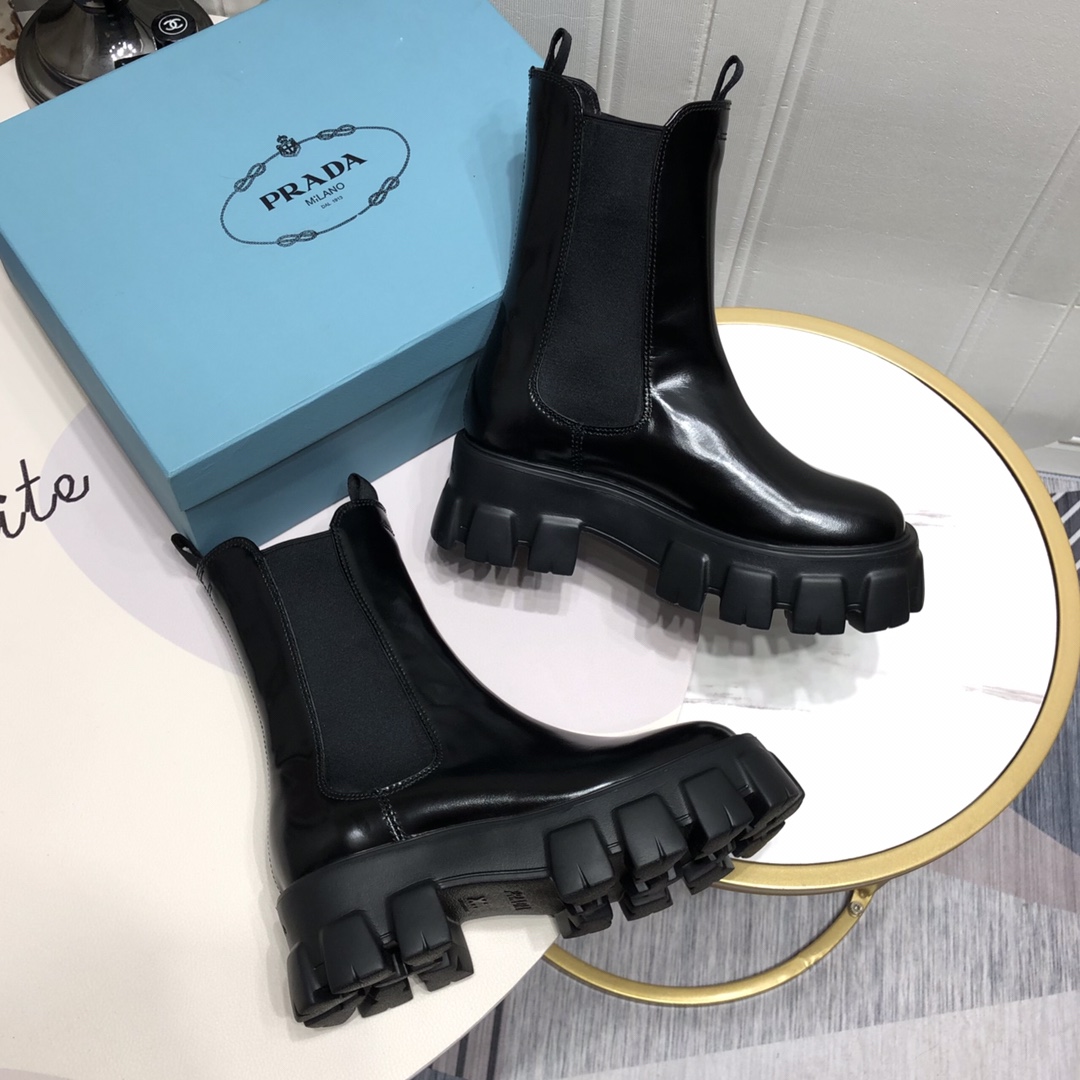 Prada Monolith Brushed Boots Shiny Black For Women 2.2in/55mm PRD