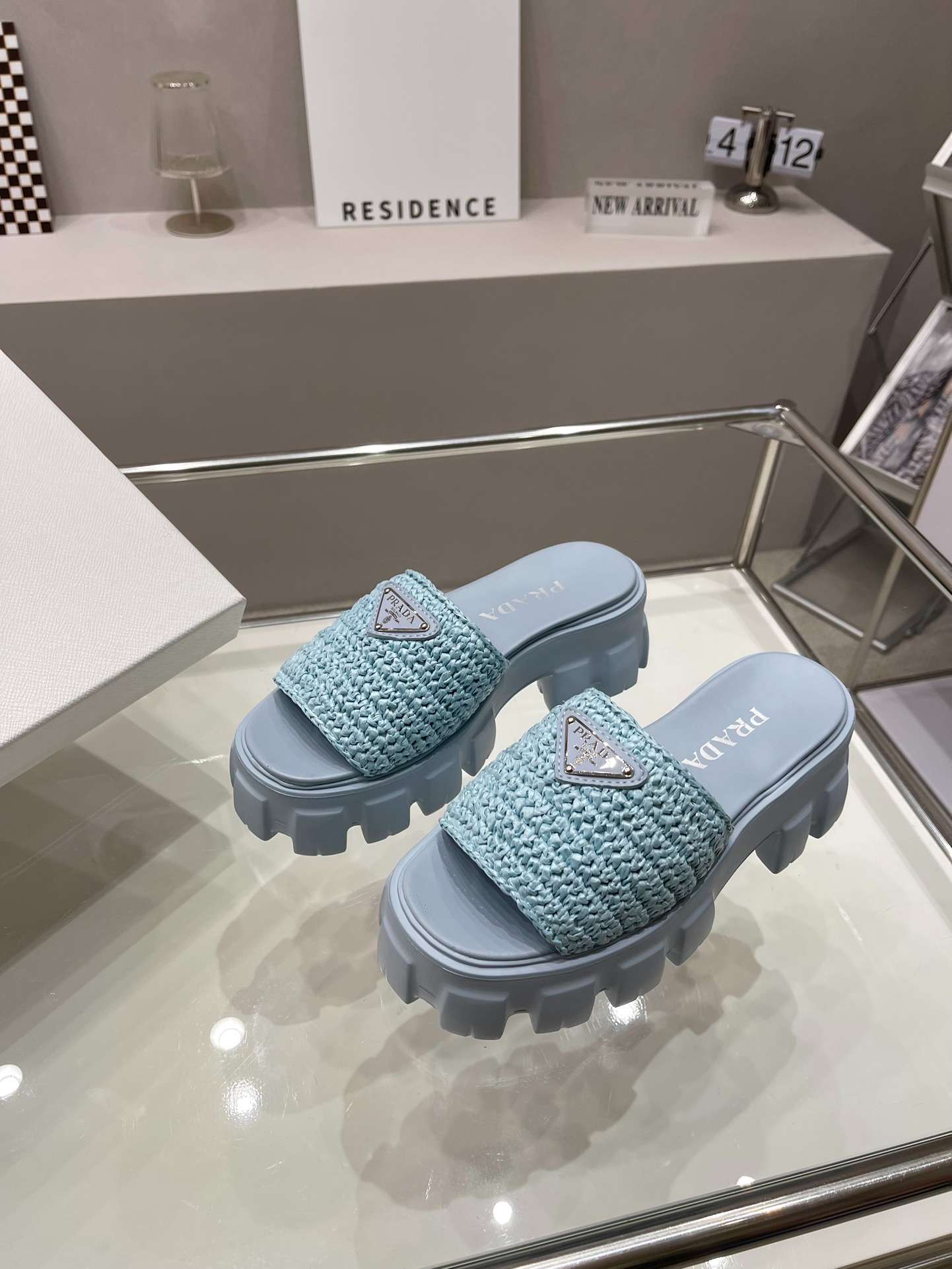 Prada Monolith Crochet Cage Slippers Light Blue For Women