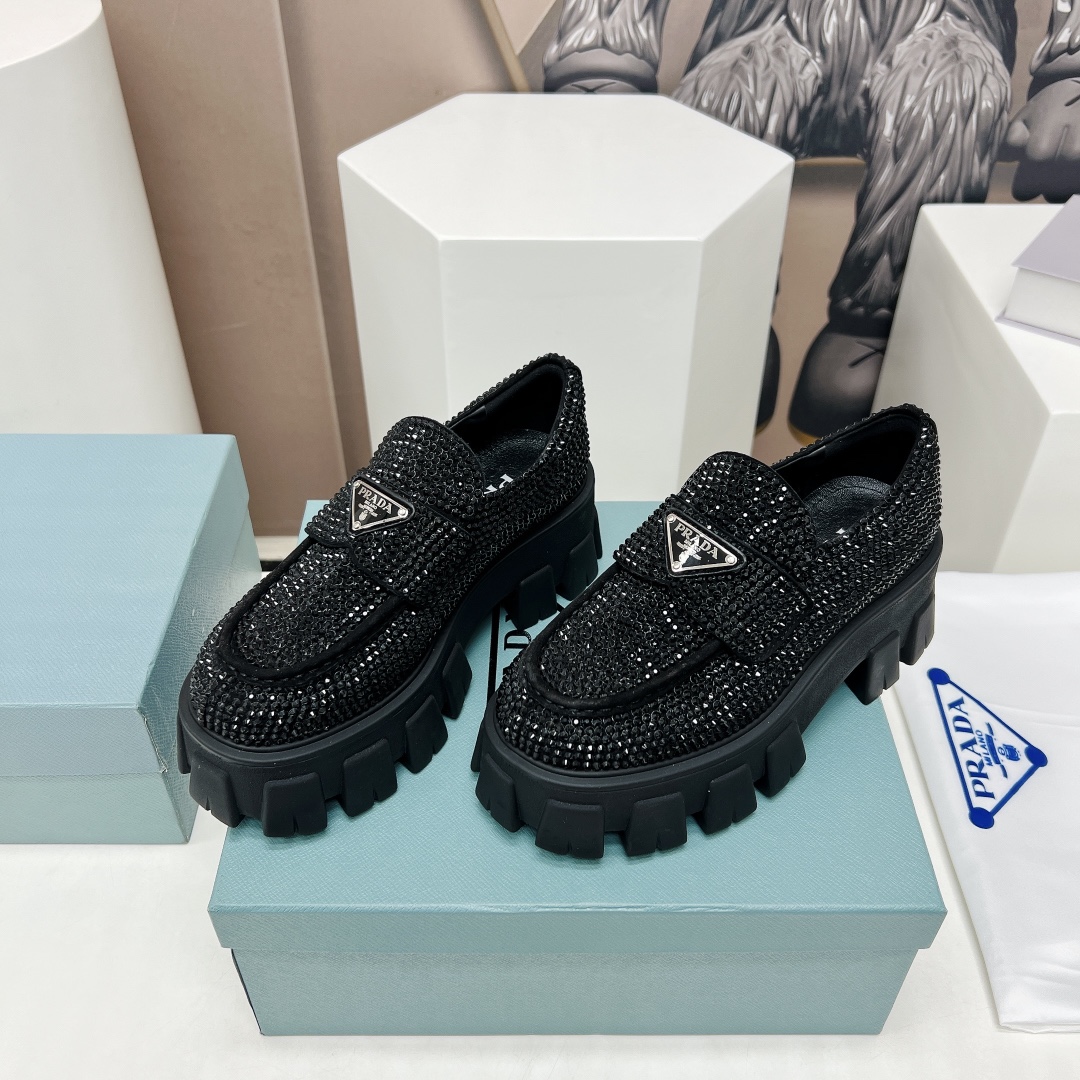 Prada Monolith Ombré Brushed Loafers With Crystal Black For Women 2.1 in/ 5.5cm