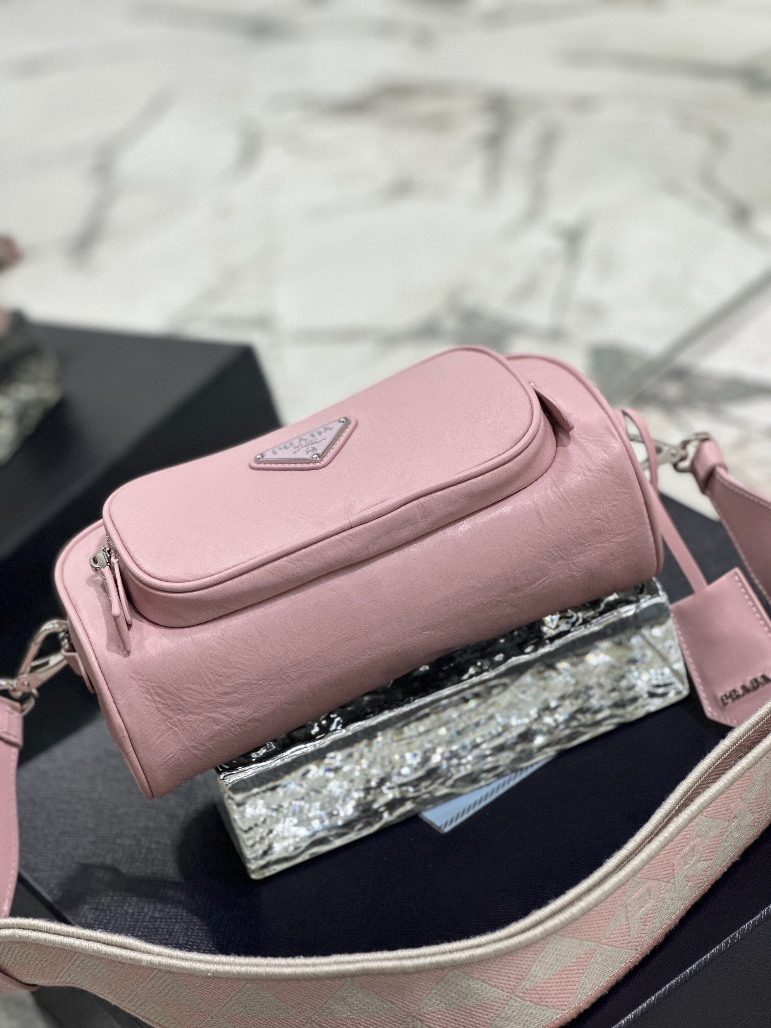 Prada Nappa Antique Multi-Pocket Shoulder Bag In Grey/Black/Pink For Women 8.6 in/ 22cm 1BH198_UVL_F0480_V_4OO