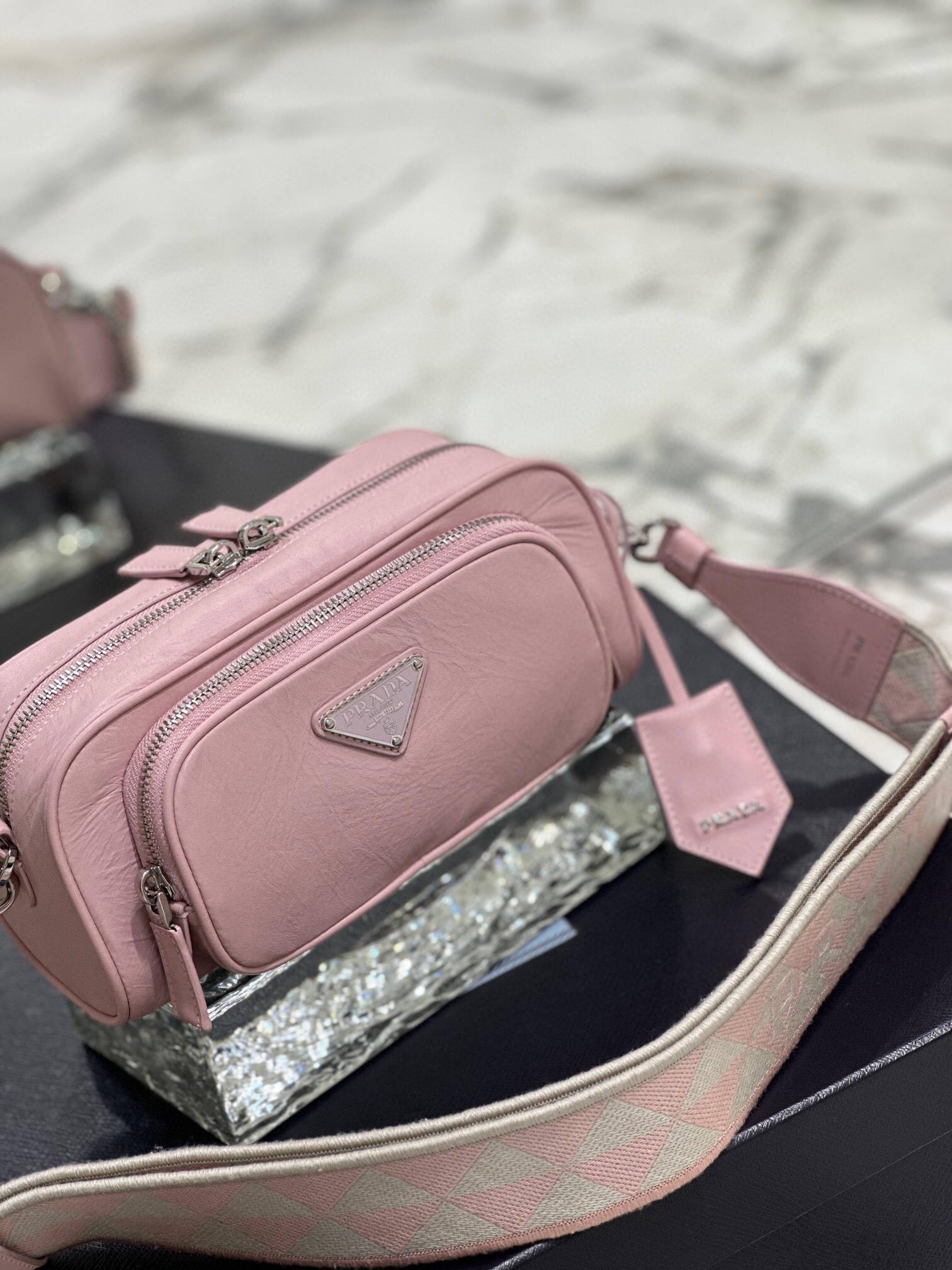 Prada Nappa Antique Multi-Pocket Shoulder Bag In Grey/Black/Pink For Women 8.6 in/ 22cm 1BH198_UVL_F0480_V_4OO