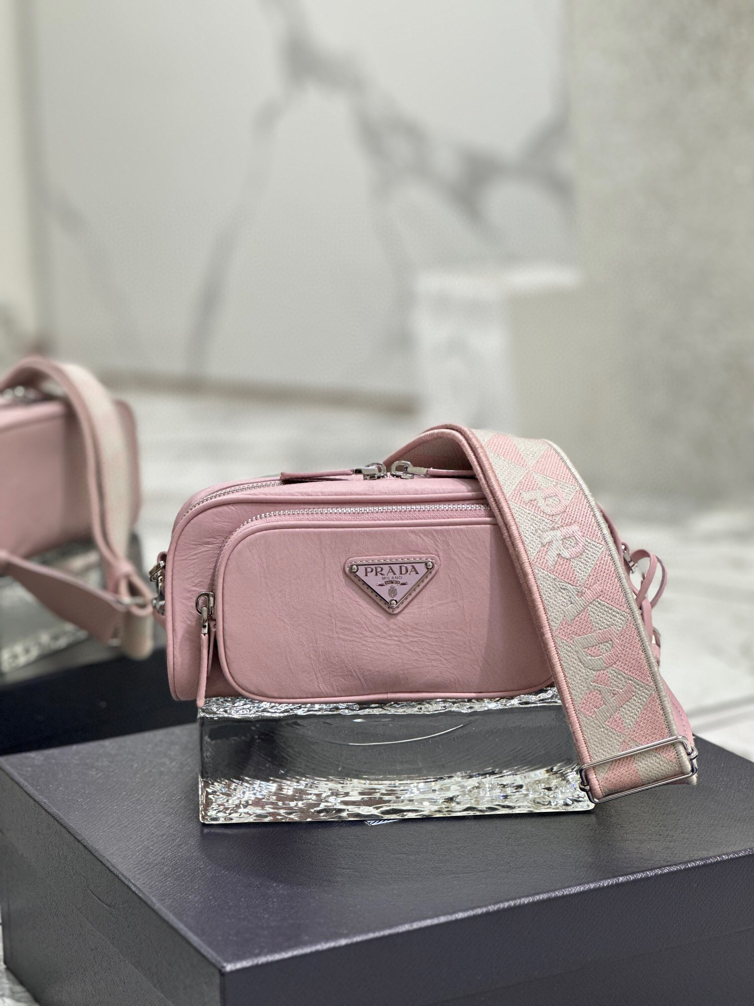 Prada Nappa Antique Multi-Pocket Shoulder Bag In Grey/Black/Pink For Women 8.6 in/ 22cm 1BH198_UVL_F0480_V_4OO