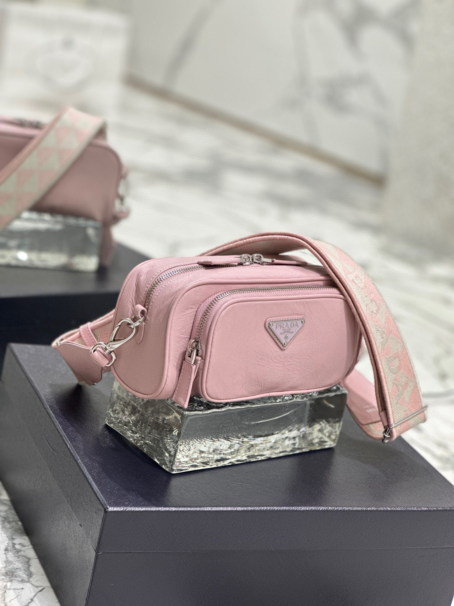 Prada Nappa Antique Multi-Pocket Shoulder Bag In Grey/Black/Pink For Women 8.6 in/ 22cm 1BH198_UVL_F0480_V_4OO