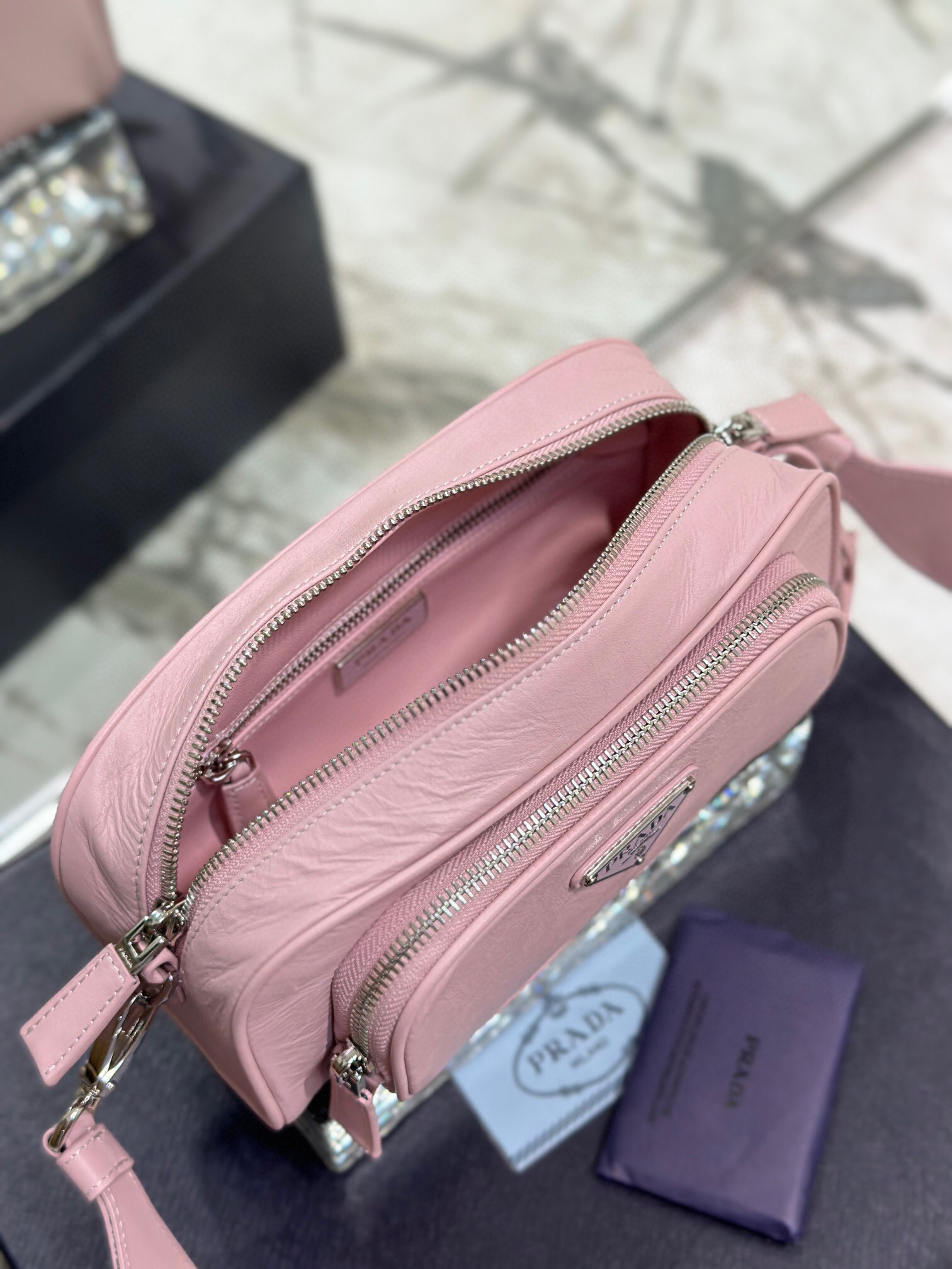 Prada Nappa Antique Multi-Pocket Shoulder Bag In Grey/Black/Pink For Women 8.6 in/ 22cm 1BH198_UVL_F0480_V_4OO