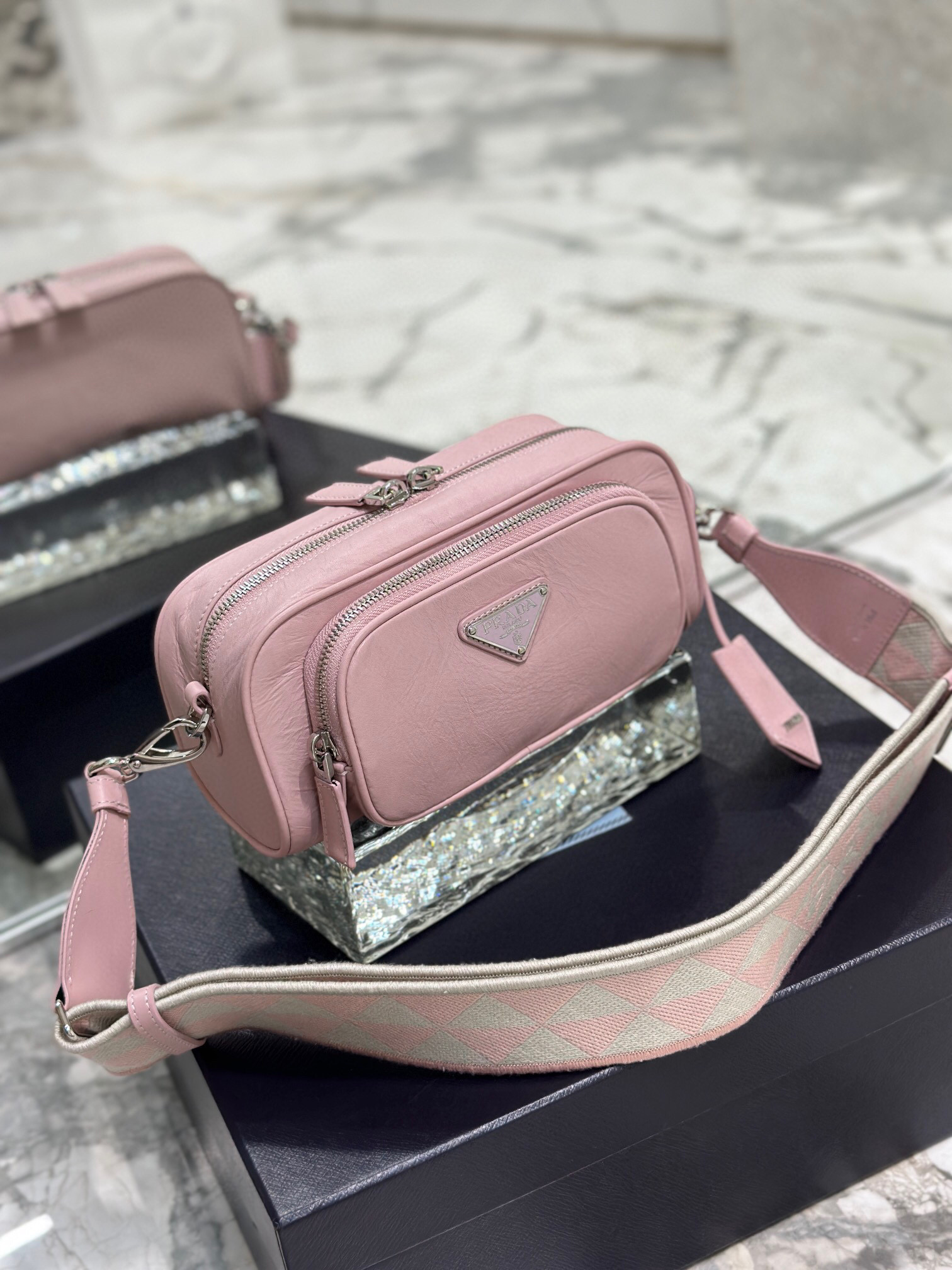 Prada Nappa Antique Multi-Pocket Shoulder Bag In Grey/Black/Pink For Women 8.6 in/ 22cm 1BH198_UVL_F0480_V_4OO