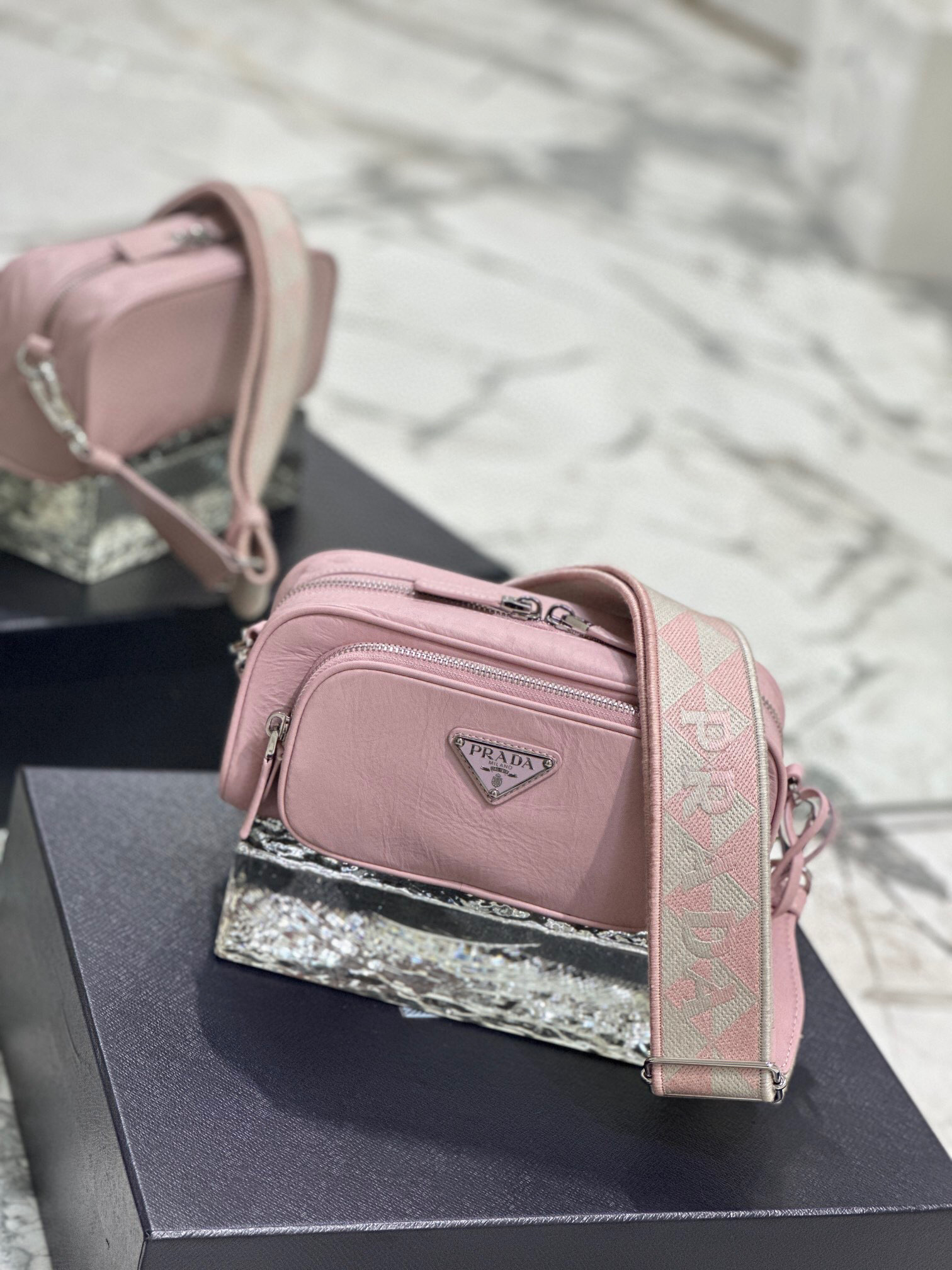 Prada Nappa Antique Multi-Pocket Shoulder Bag In Grey/Black/Pink For Women 8.6 in/ 22cm 1BH198_UVL_F0480_V_4OO