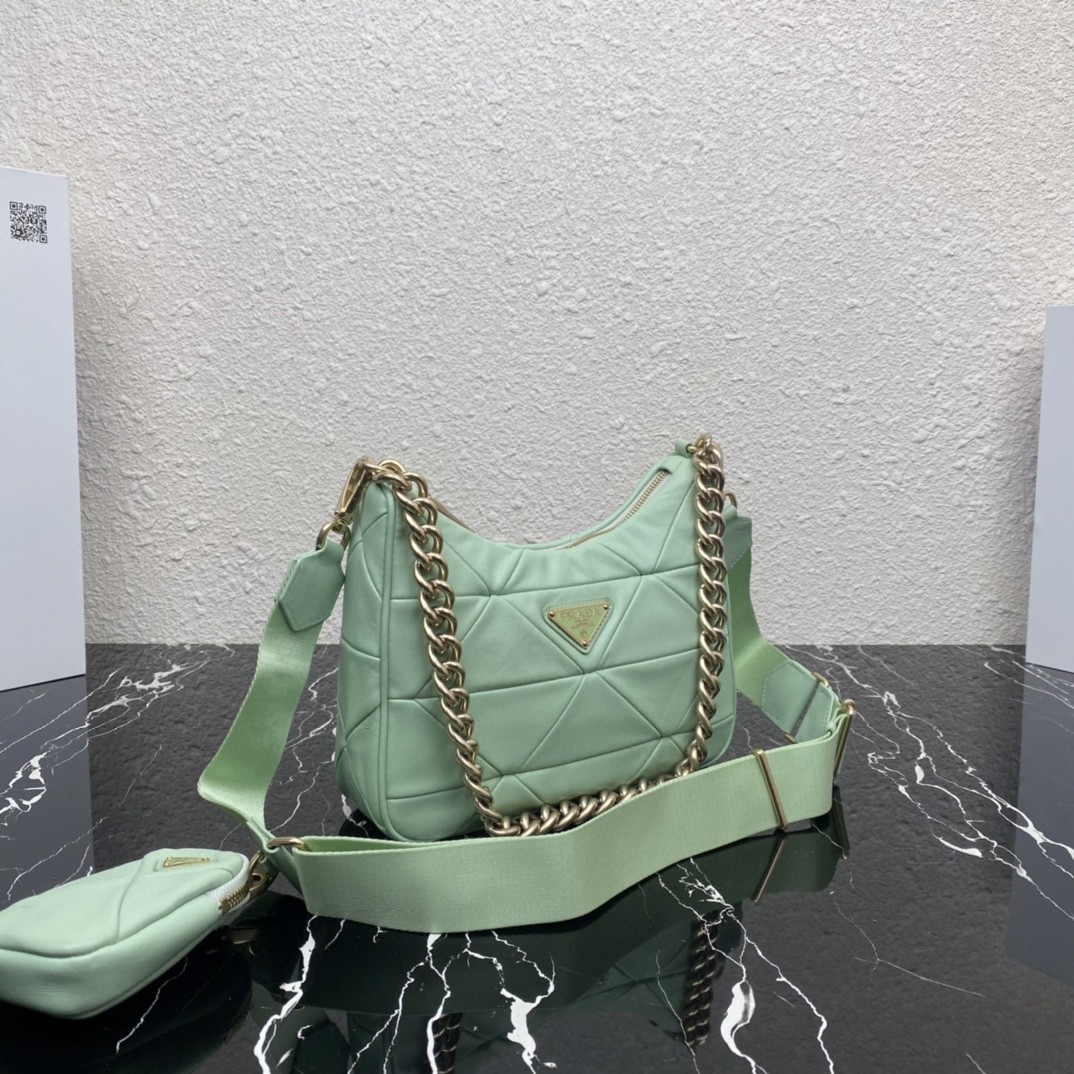 Prada Padded Hobo Bag Beige/Green For Women 9.5 in / 24 cm 1BC151_RDJN_F0F24_V_O1O