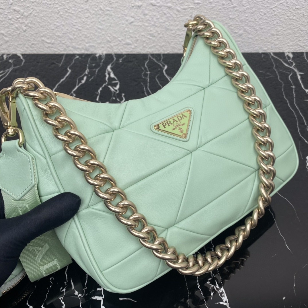 Prada Padded Hobo Bag Beige/Green For Women 9.5 in / 24 cm 1BC151_RDJN_F0F24_V_O1O