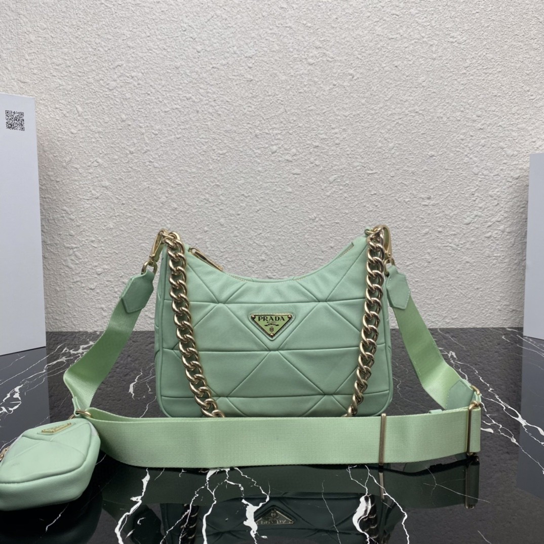 Prada Padded Hobo Bag Beige/Green For Women 9.5 in / 24 cm 1BC151_RDJN_F0F24_V_O1O