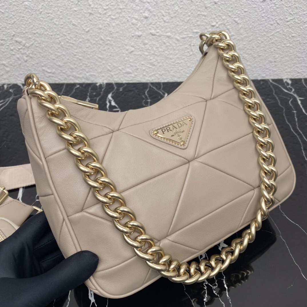 Prada Padded Hobo Bag Beige/Green For Women 9.5 in / 24 cm 1BC151_RDJN_F0F24_V_O1O