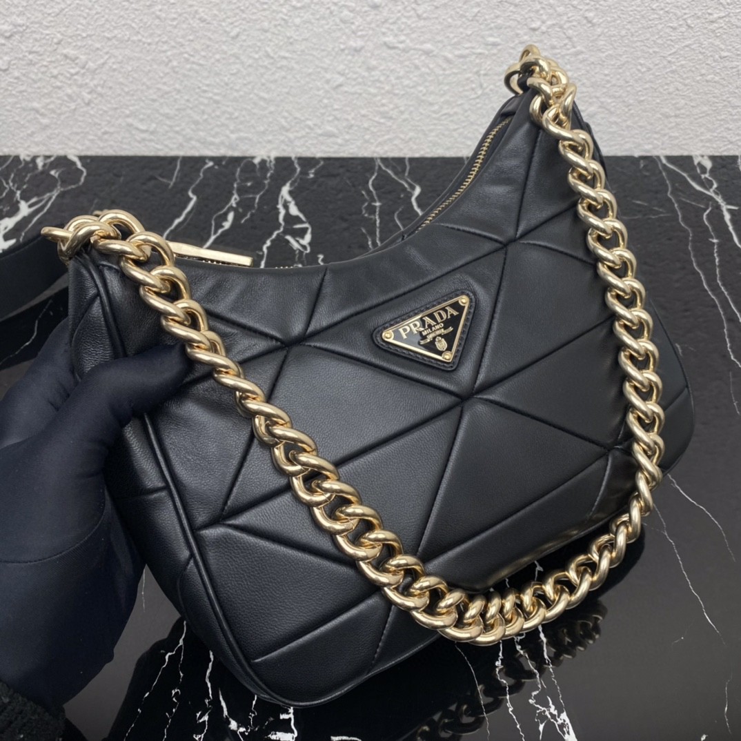 Prada Padded Hobo Bag Black/White For Women 9.5 in / 24 cm 1BC151_RDJN_F0002_V_B9O