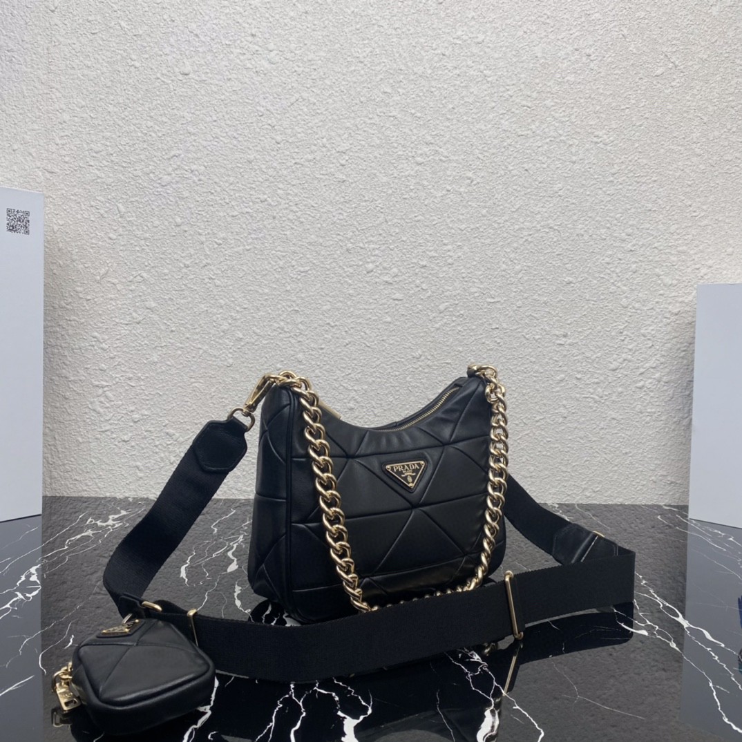 Prada Padded Hobo Bag Black/White For Women 9.5 in / 24 cm 1BC151_RDJN_F0002_V_B9O