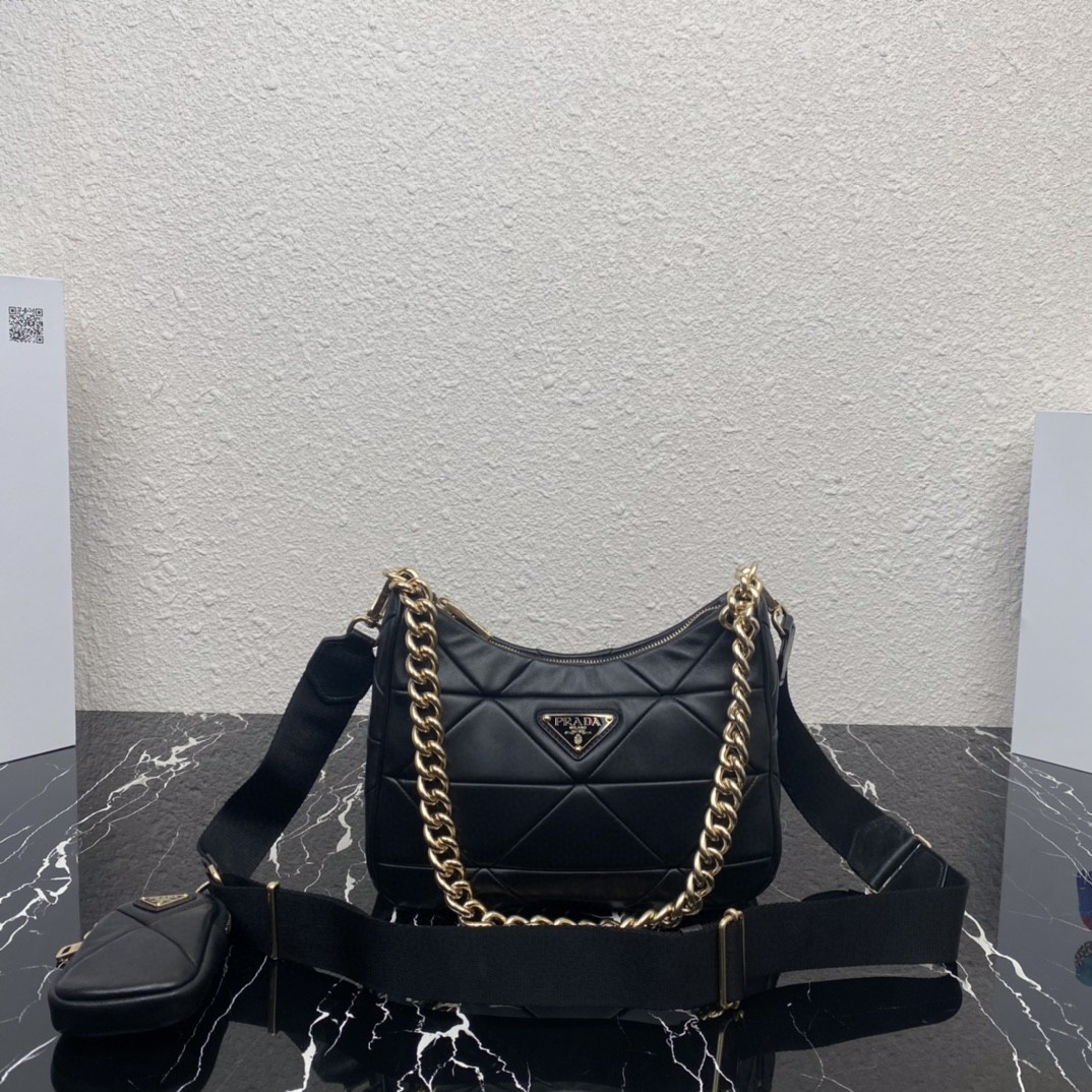 Prada Padded Hobo Bag Black/White For Women 9.5 in / 24 cm 1BC151_RDJN_F0002_V_B9O