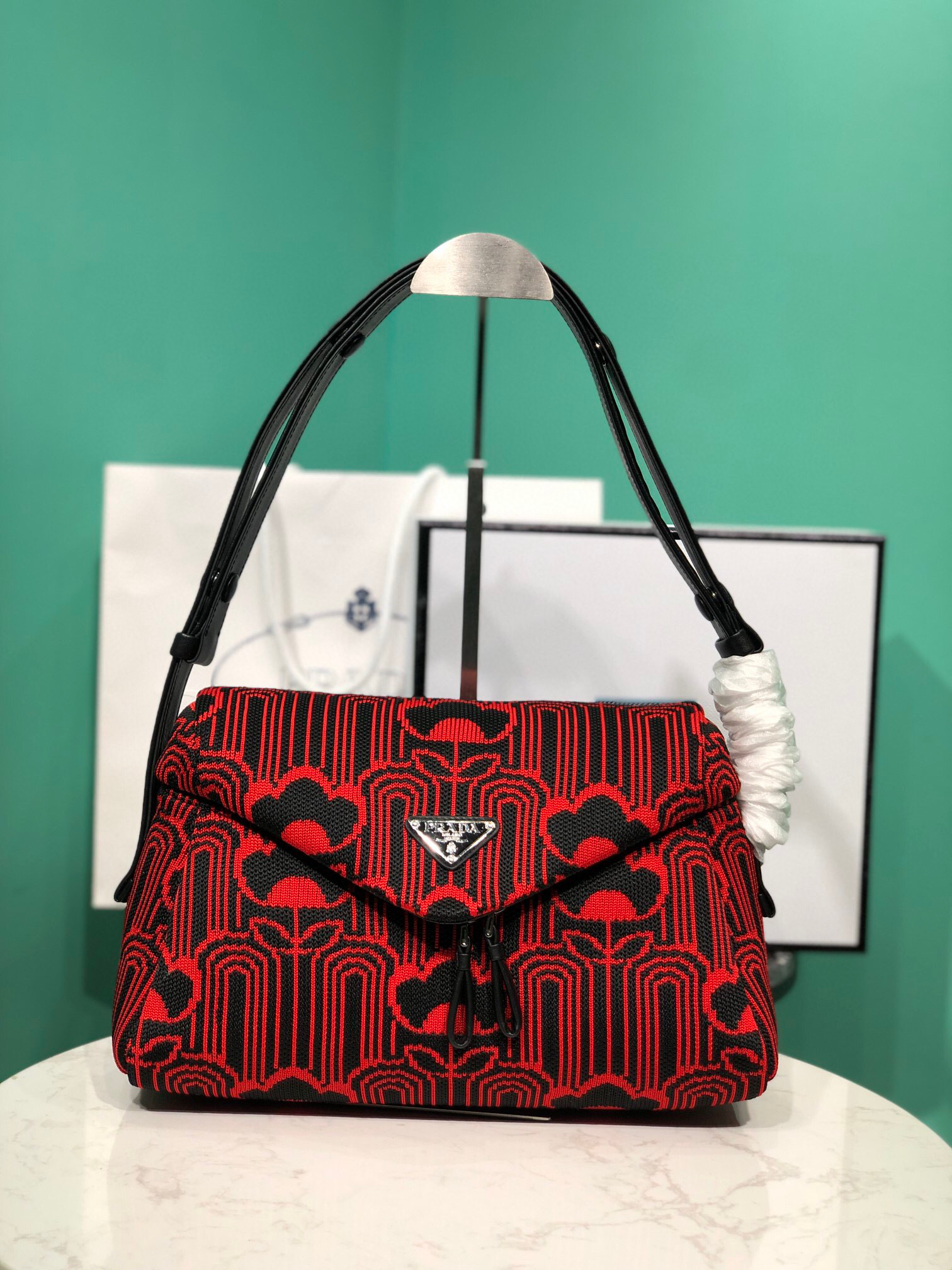 Prada Padded Jacquard Prada Signaux Bag In Red For Women 13in/ 33cm