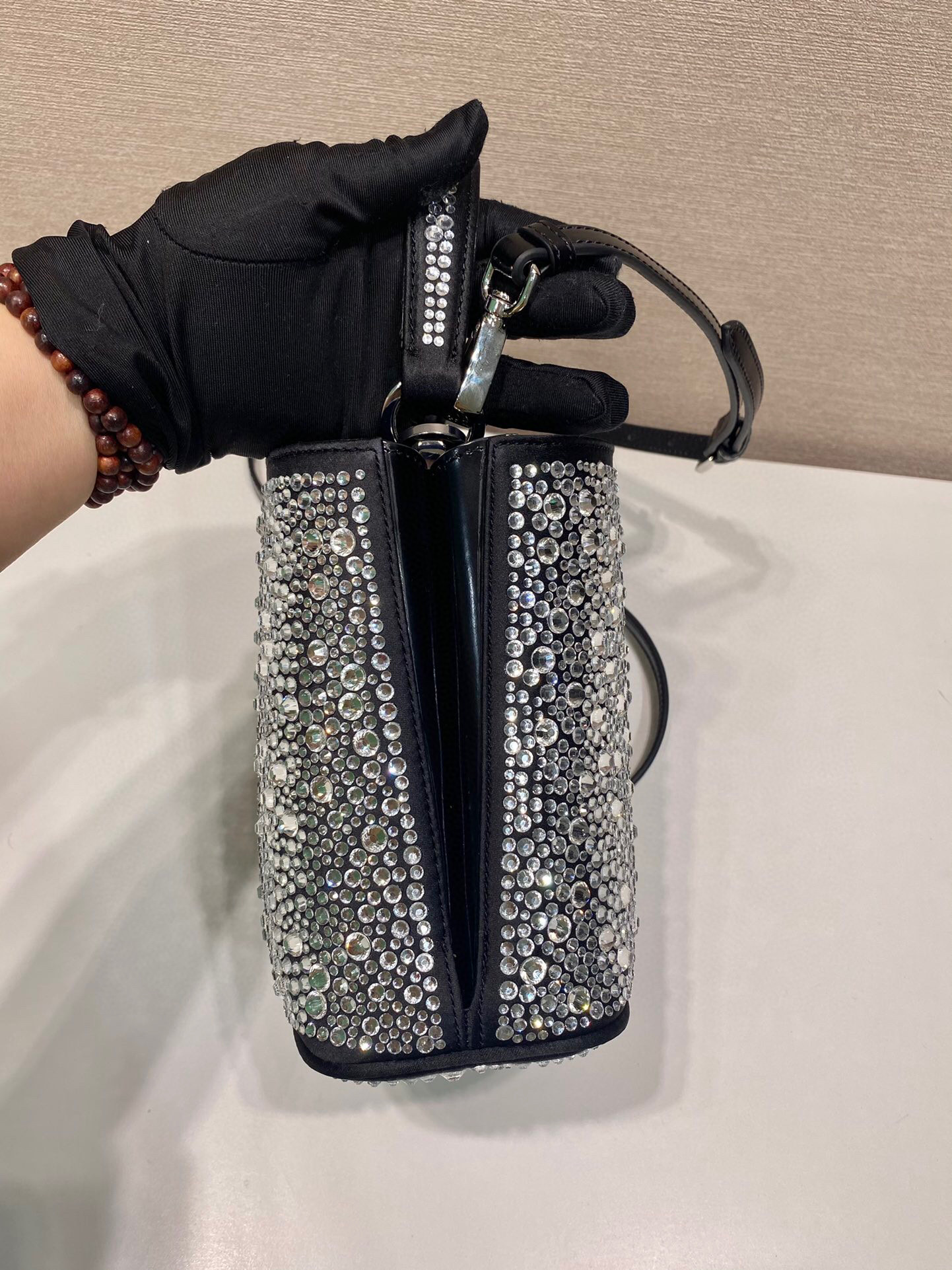 Prada Panier Satin Bag With Crystals In Black For Women 5.9 in/ 15 cm 1BA373_2AWL_F063R_V_OOY