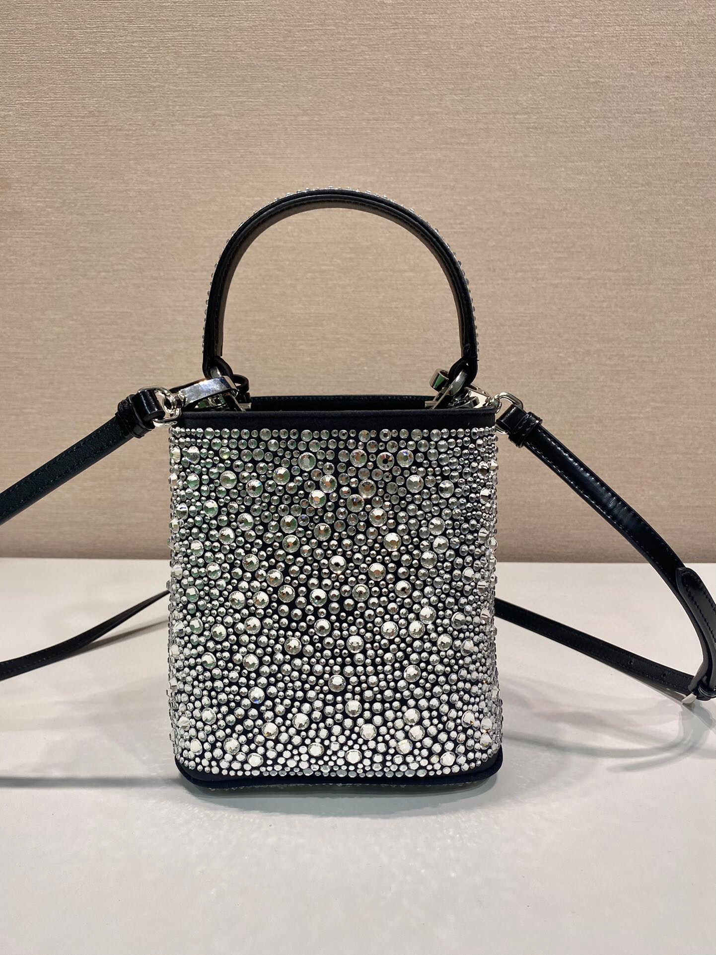 Prada Panier Satin Bag With Crystals In Black For Women 5.9 in/ 15 cm 1BA373_2AWL_F063R_V_OOY