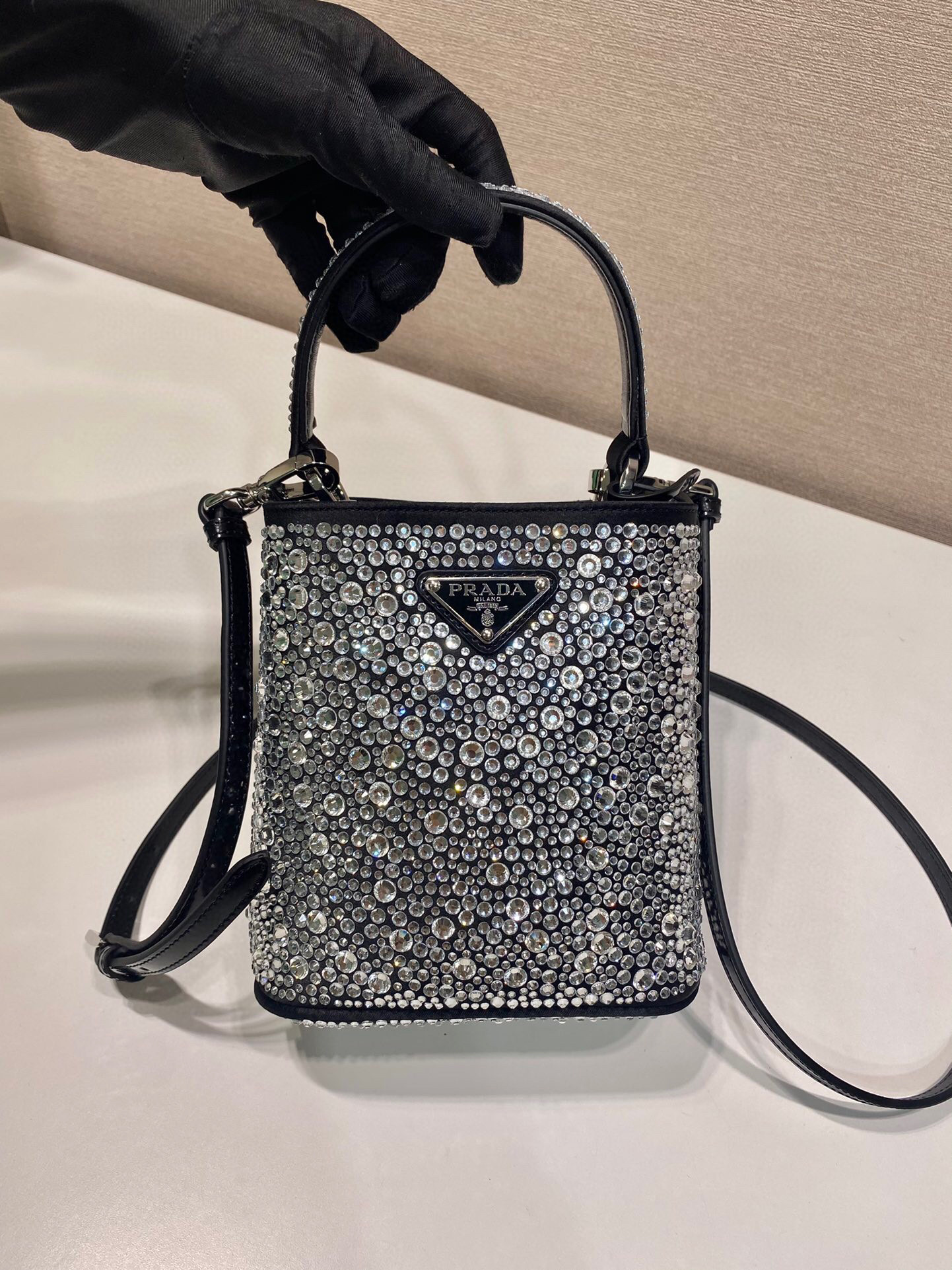 Prada Panier Satin Bag With Crystals In Black For Women 5.9 in/ 15 cm 1BA373_2AWL_F063R_V_OOY