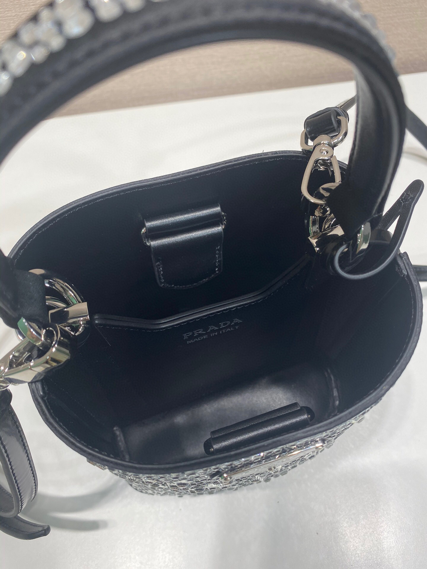 Prada Panier Satin Bag With Crystals In Black For Women 5.9 in/ 15 cm 1BA373_2AWL_F063R_V_OOY