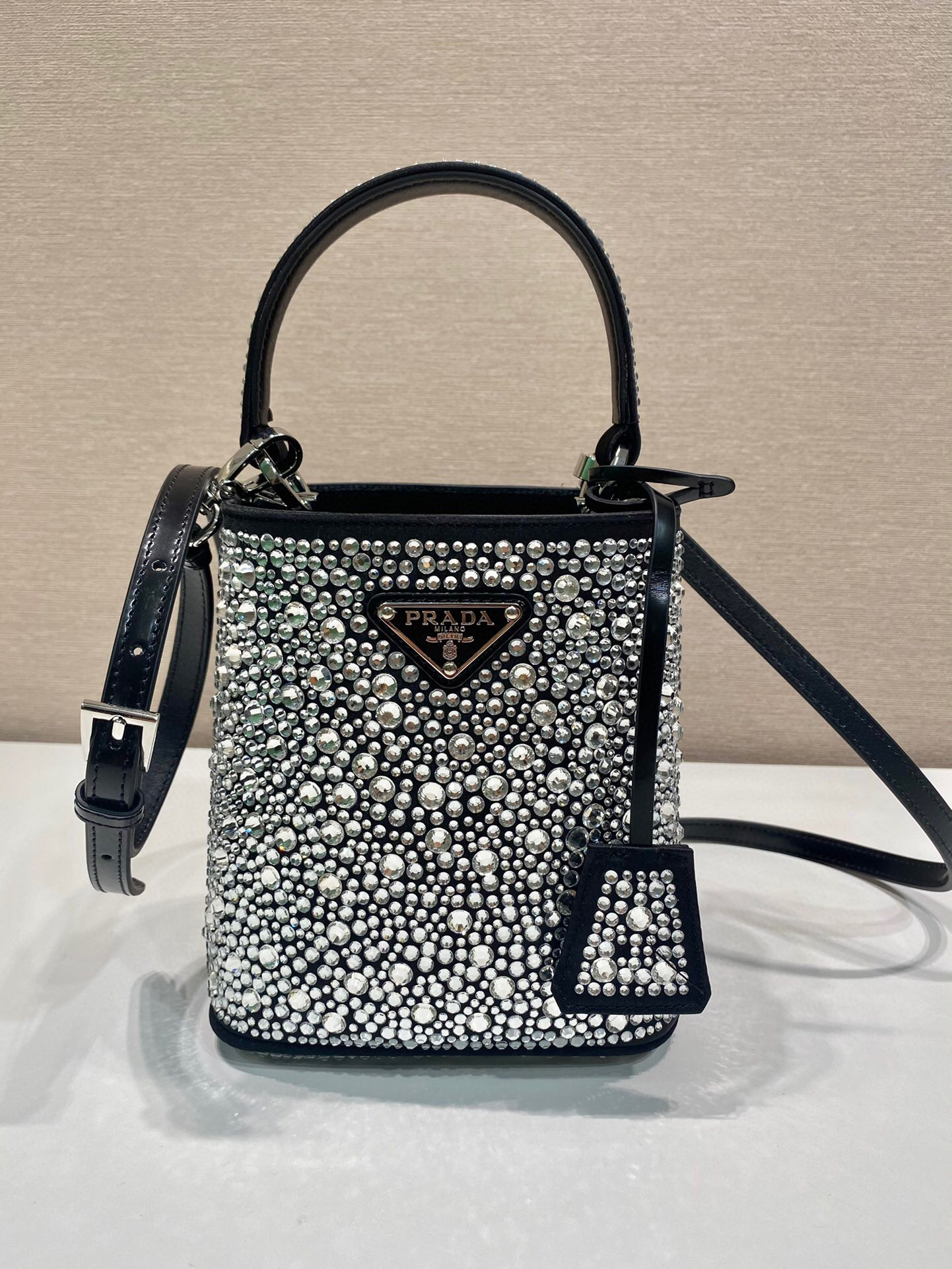 Prada Panier Satin Bag With Crystals In Black For Women 5.9 in/ 15 cm 1BA373_2AWL_F063R_V_OOY