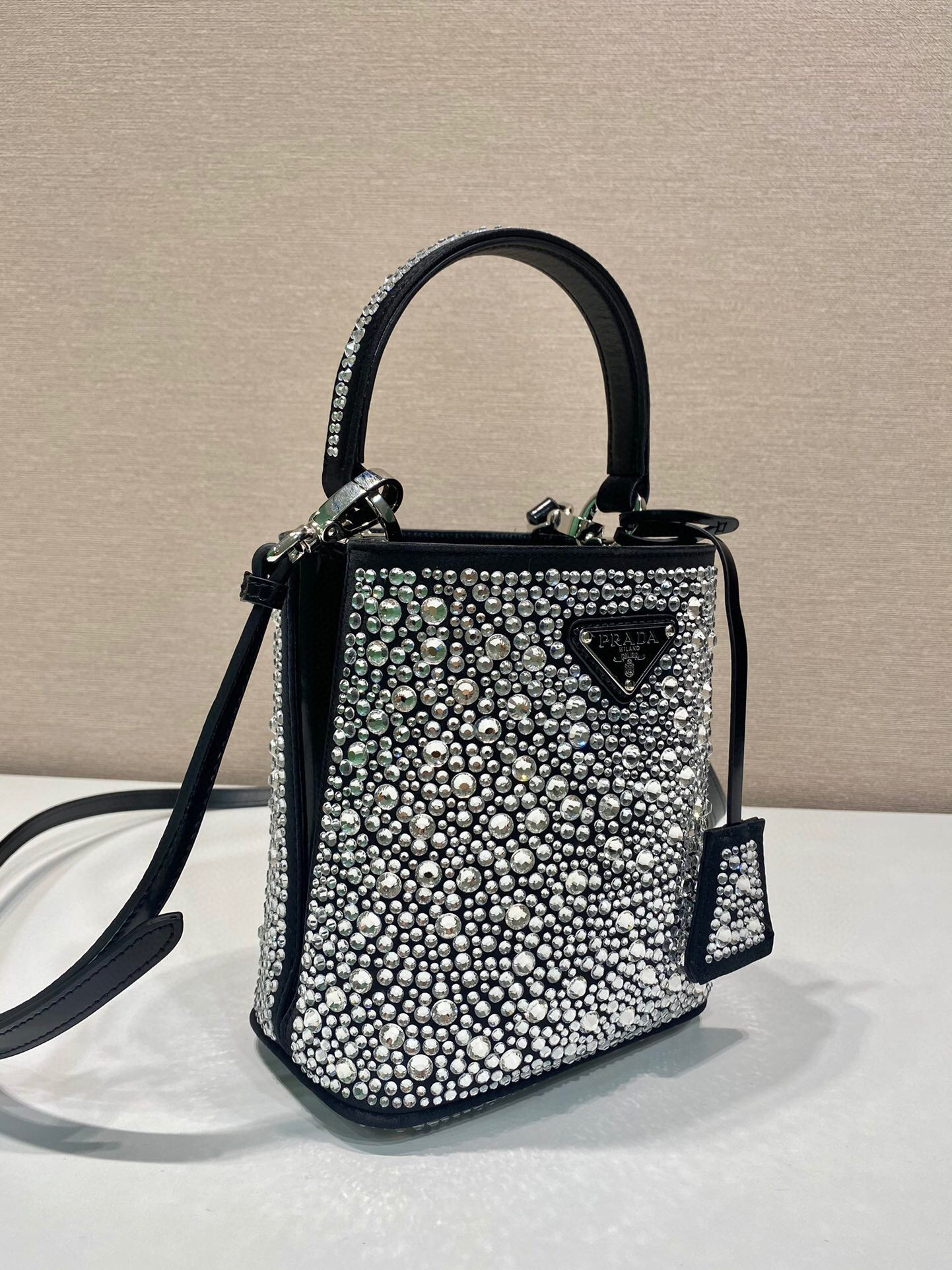 Prada Panier Satin Bag With Crystals In Black For Women 5.9 in/ 15 cm 1BA373_2AWL_F063R_V_OOY