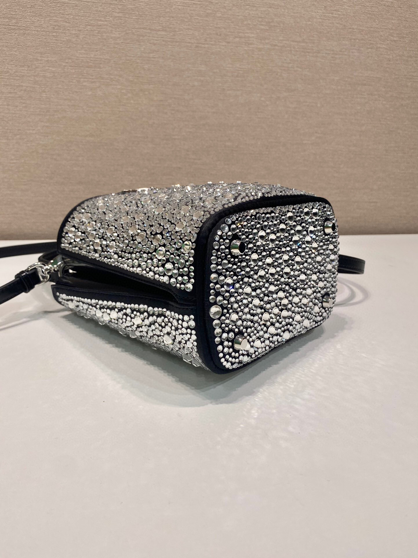 Prada Panier Satin Bag With Crystals In Black For Women 5.9 in/ 15 cm 1BA373_2AWL_F063R_V_OOY