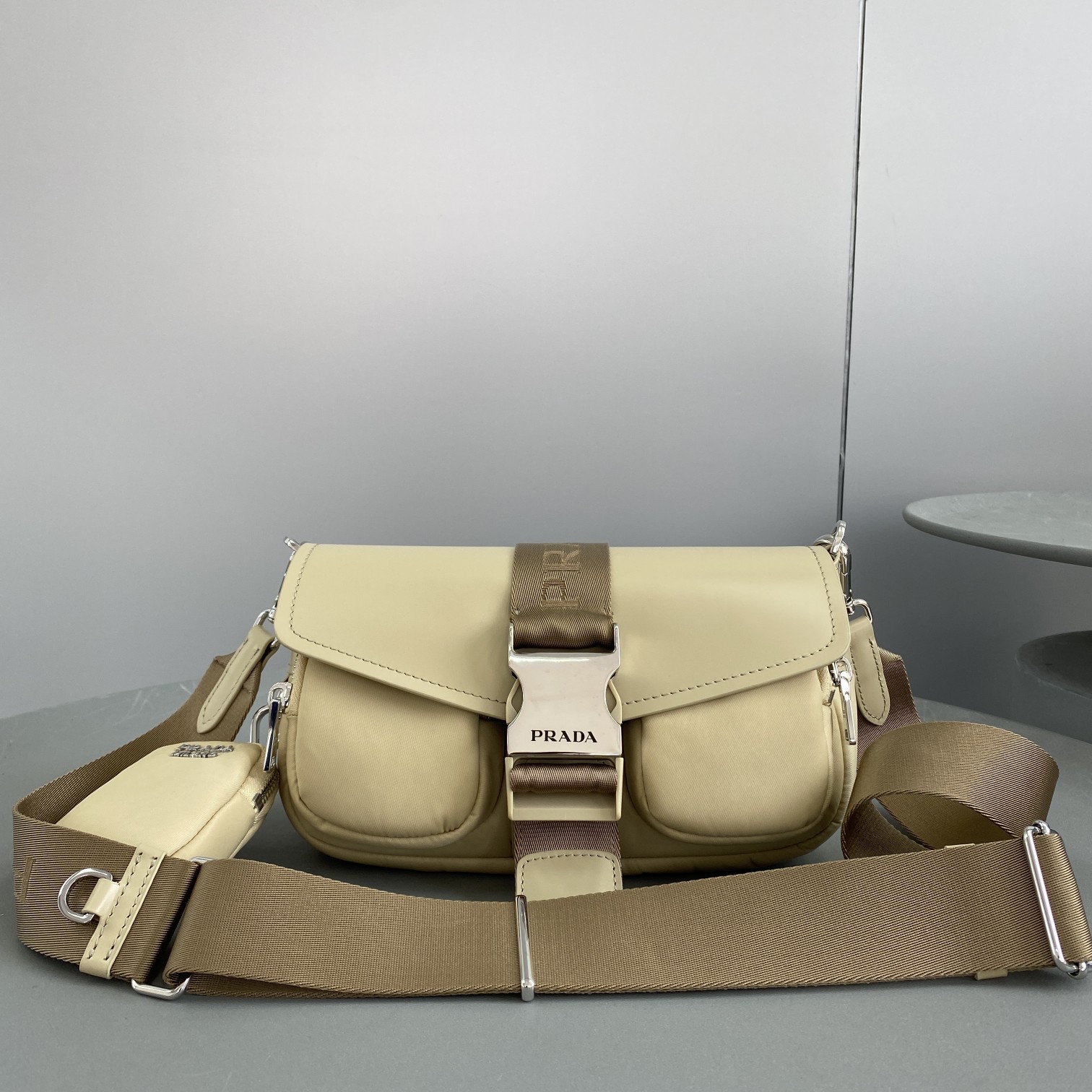 Prada Pocket Nylon And Brushed Bag Beige For Women, Women’s Bags 9in/23cm 1BD295_789_F0F24_V_BFO
