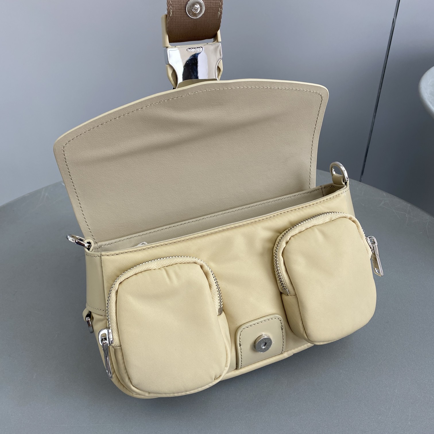 Prada Pocket Nylon And Brushed Bag Beige For Women, Women’s Bags 9in/23cm 1BD295_789_F0F24_V_BFO