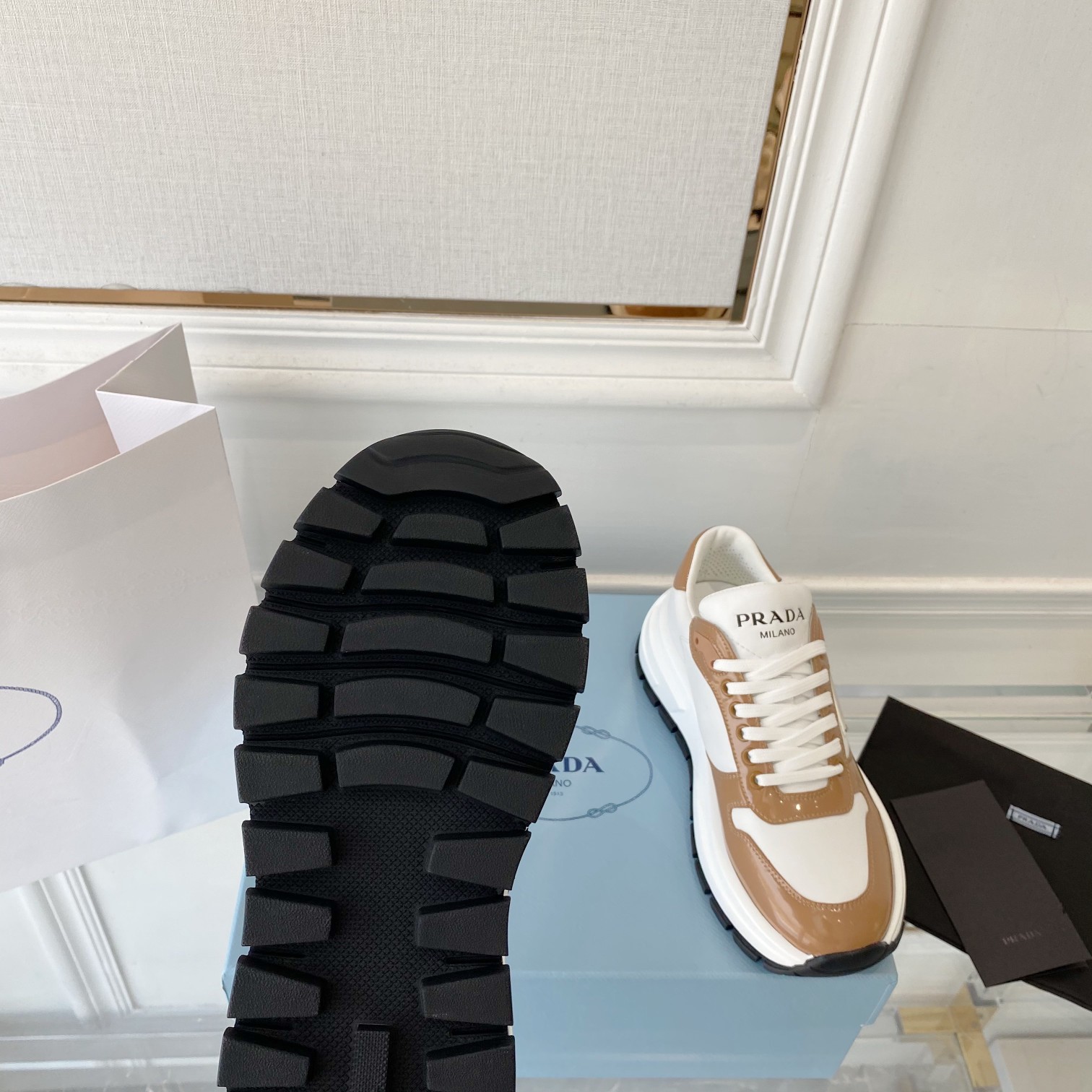 Prada Prax 01 Re-Nylon And Brushed Sneakers Brown And White For Women 1.8in/45mm PRD 