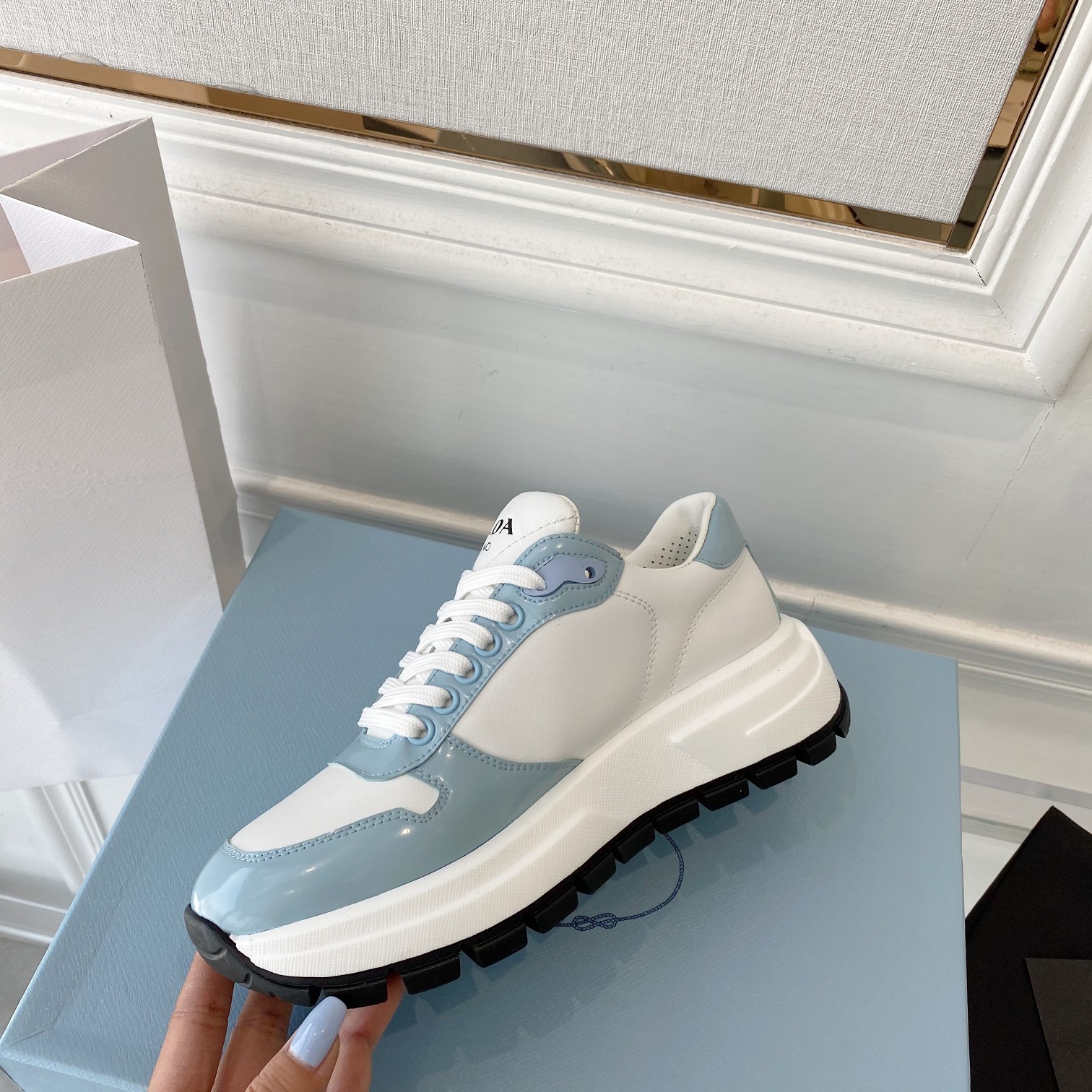Prada Prax 01 Re-Nylon And Brushed Sneakers White And Blue For Women 1.8in/45mm PRD 