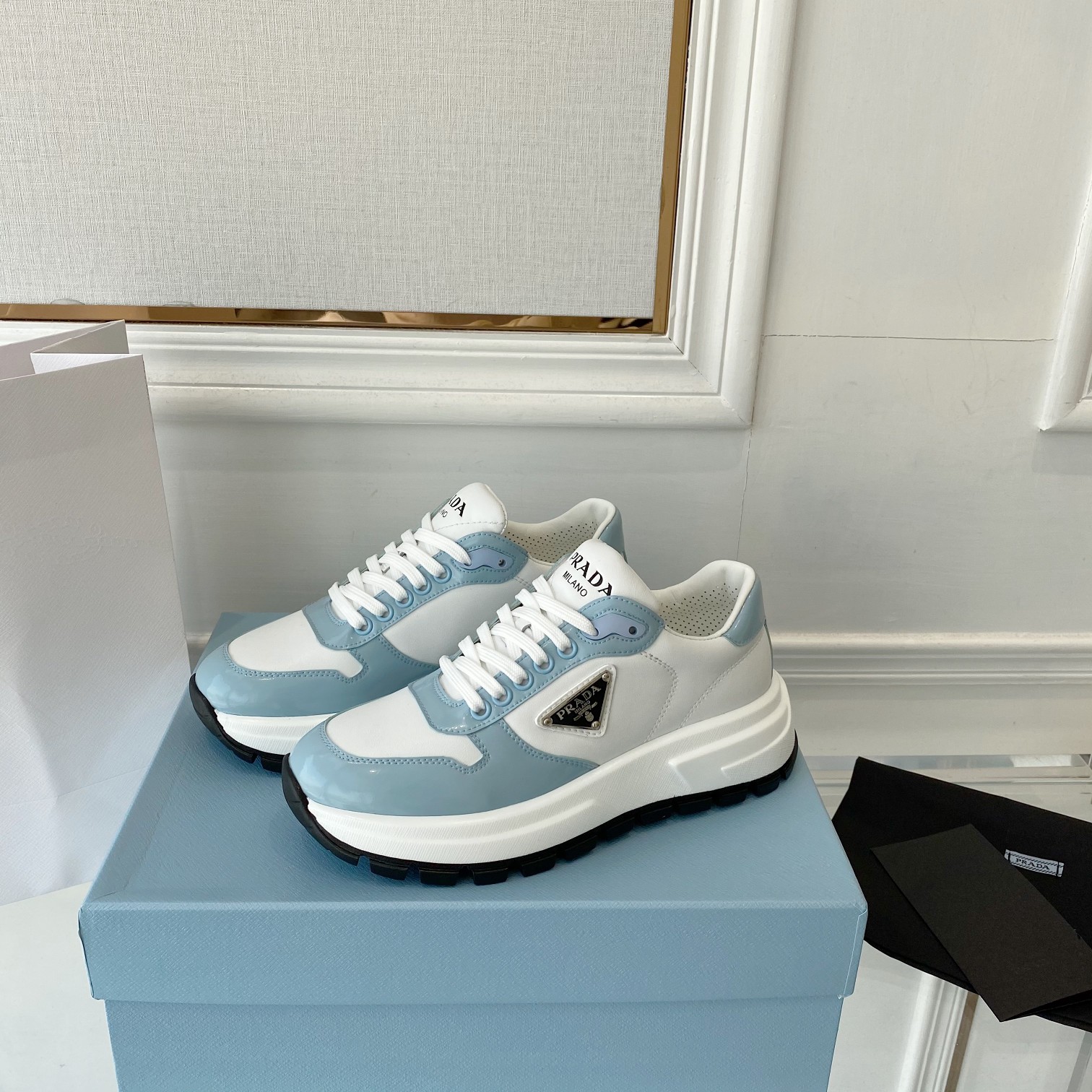 Prada Prax 01 Re-Nylon And Brushed Sneakers White And Blue For Women 1.8in/45mm PRD 