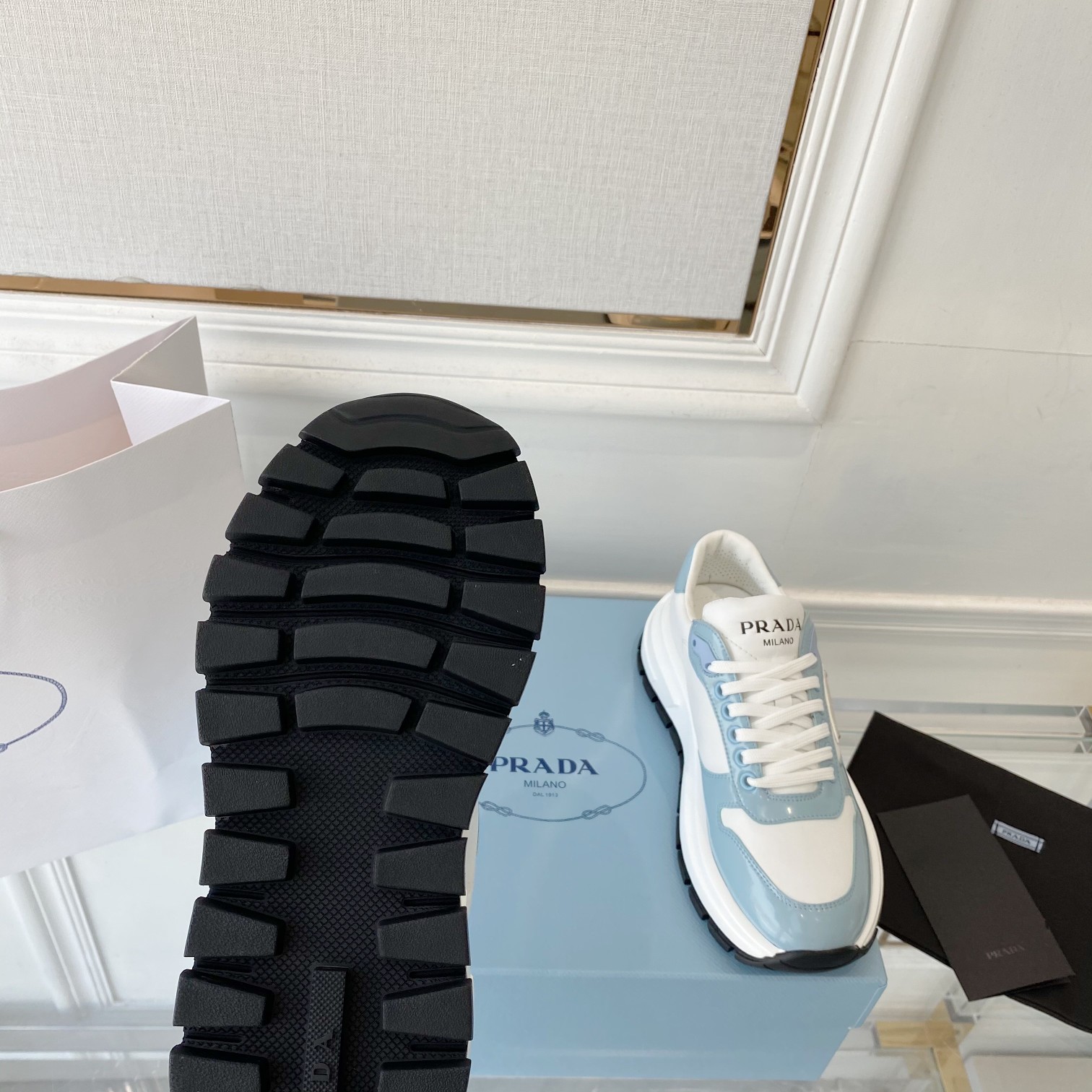Prada Prax 01 Re-Nylon And Brushed Sneakers White And Blue For Women 1.8in/45mm PRD 