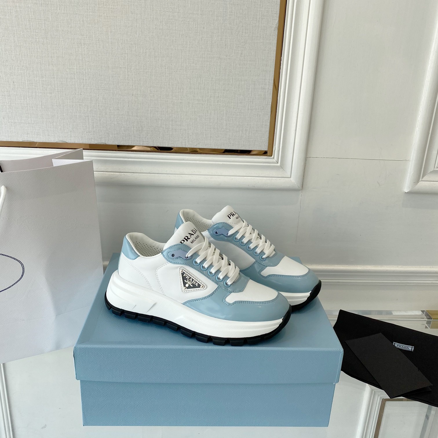 Prada Prax 01 Re-Nylon And Brushed Sneakers White And Blue For Women 1.8in/45mm PRD 