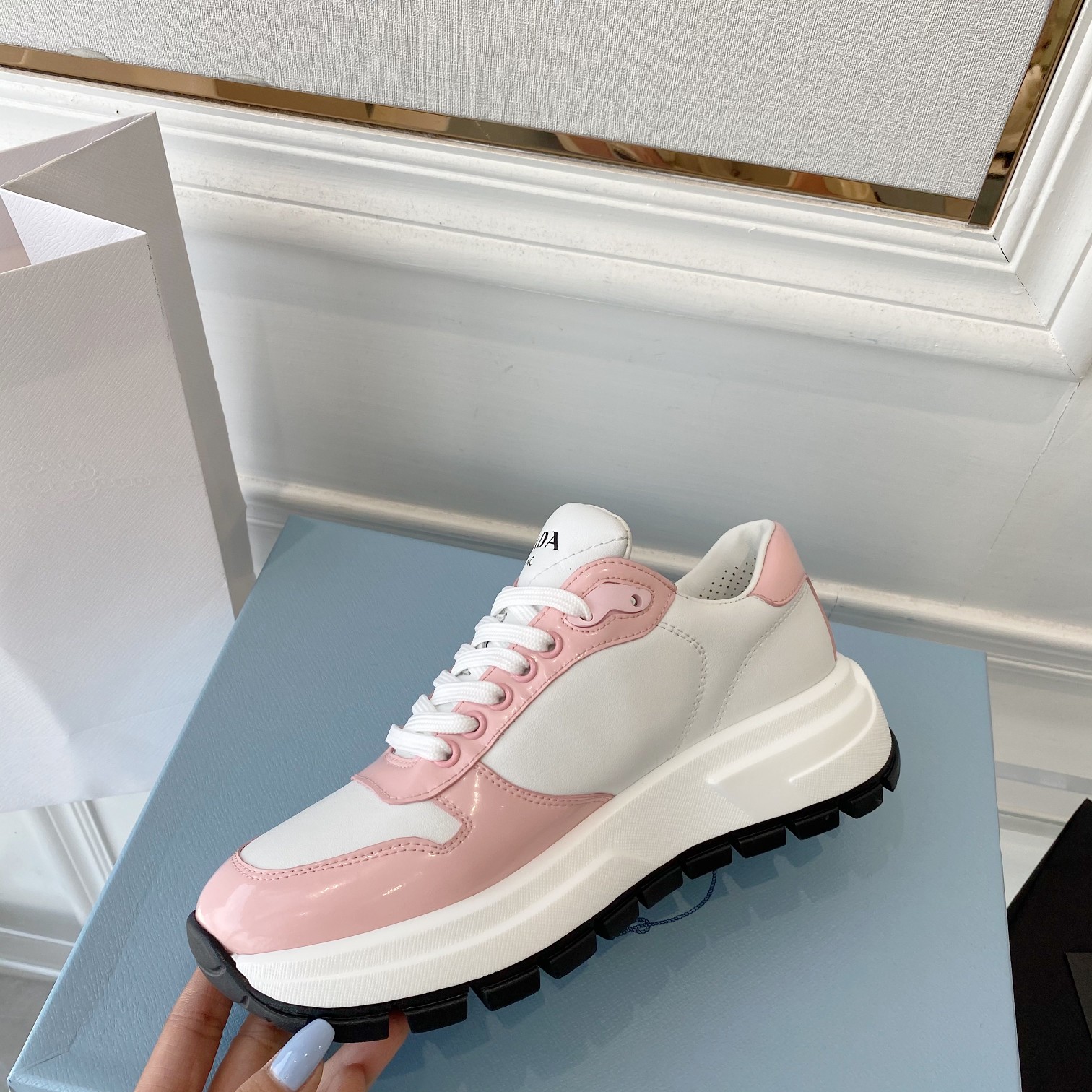 Prada Prax 01 Re-Nylon And Brushed Sneakers White And Pink For Women 1.8in/45mm PRD 