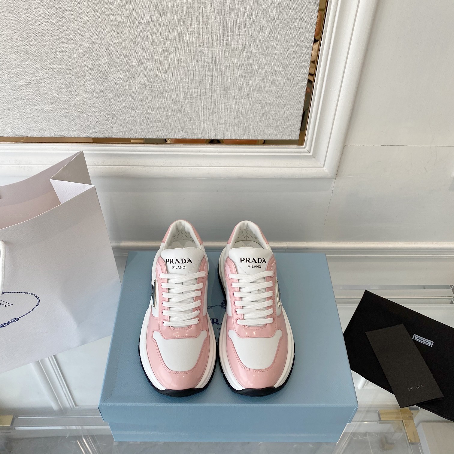 Prada Prax 01 Re-Nylon And Brushed Sneakers White And Pink For Women 1.8in/45mm PRD 